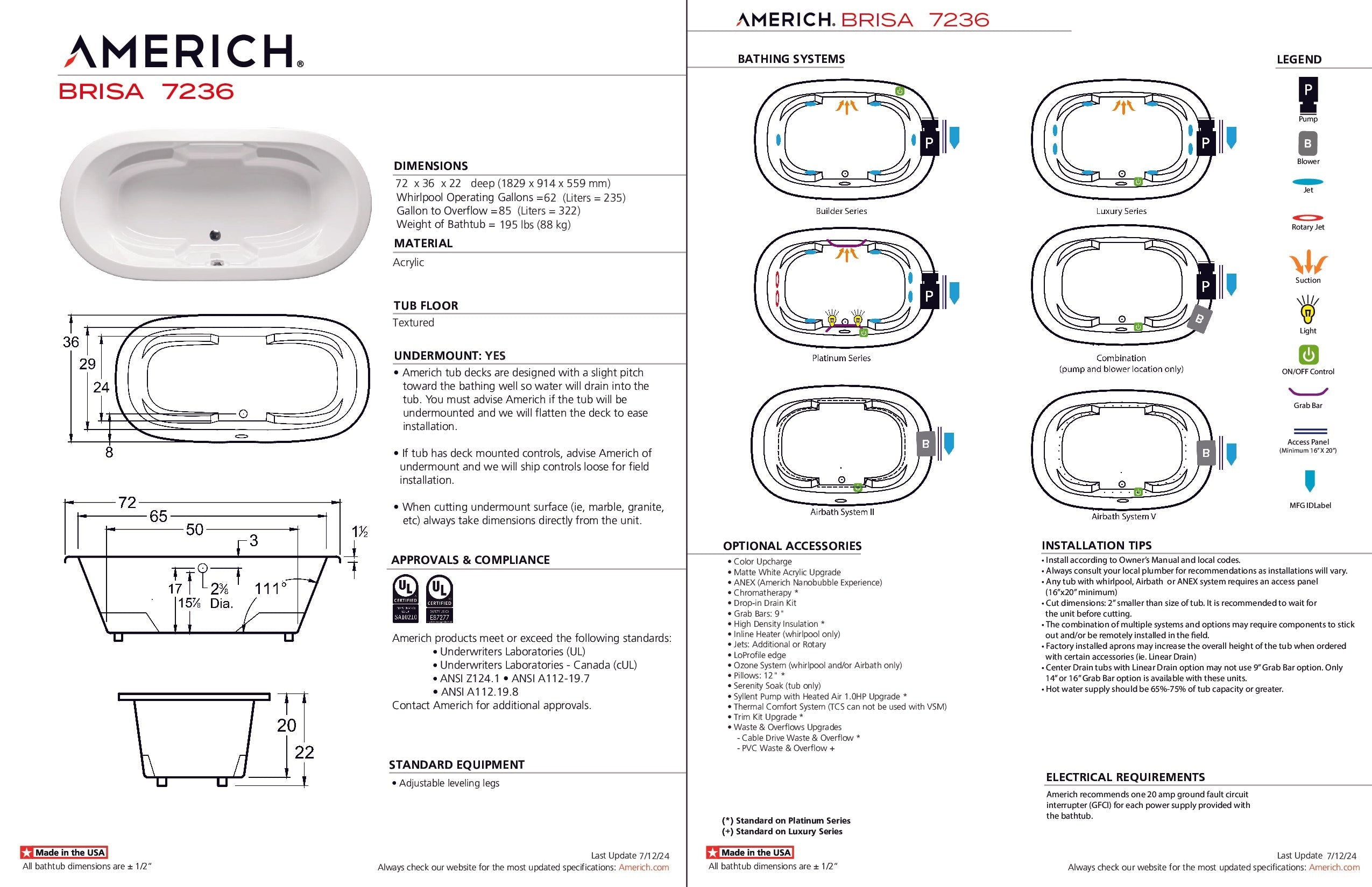 Americh Brisa 7236 - Platinum Series Drop-in Bathtub BR7236P-WH