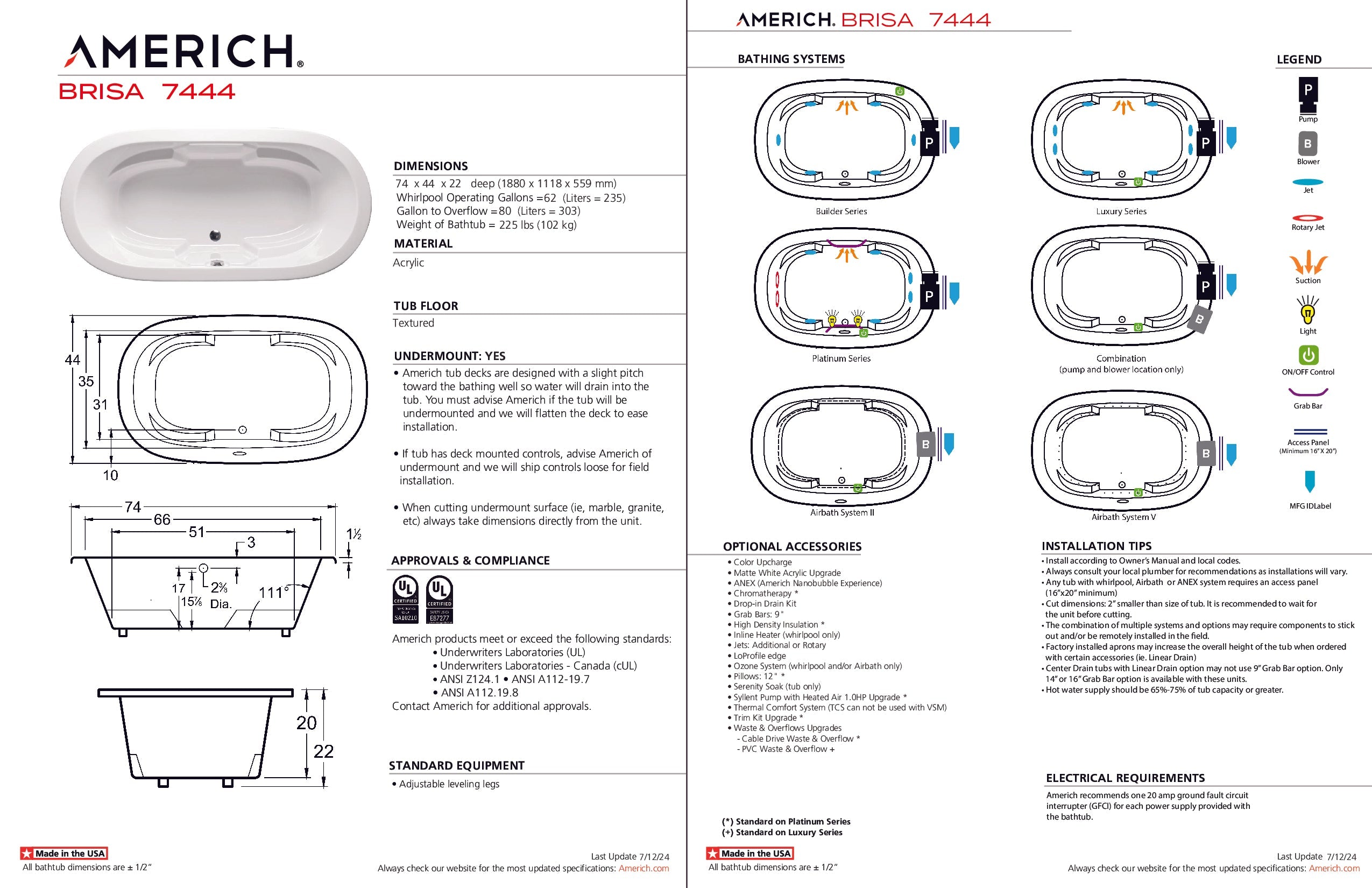 Americh Brisa 7444 - Platinum Series Drop-in Bathtub BR7444P-WH