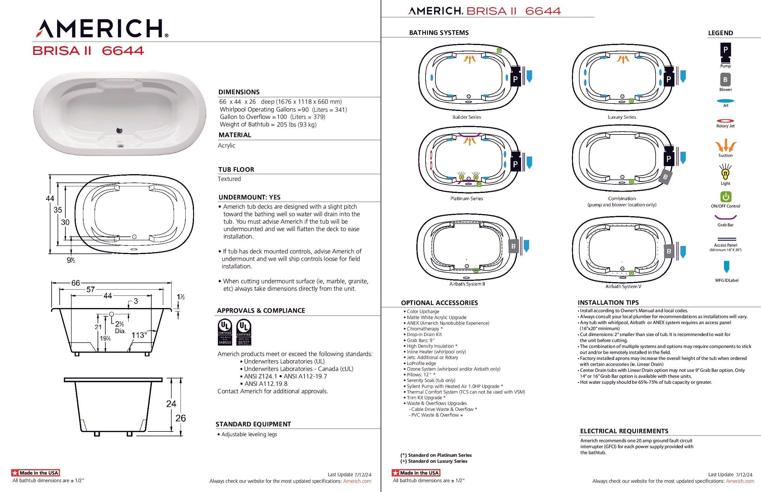 Americh Brisa II 6644 - Builder Series Drop-in Bathtub BR6644-24B-WH