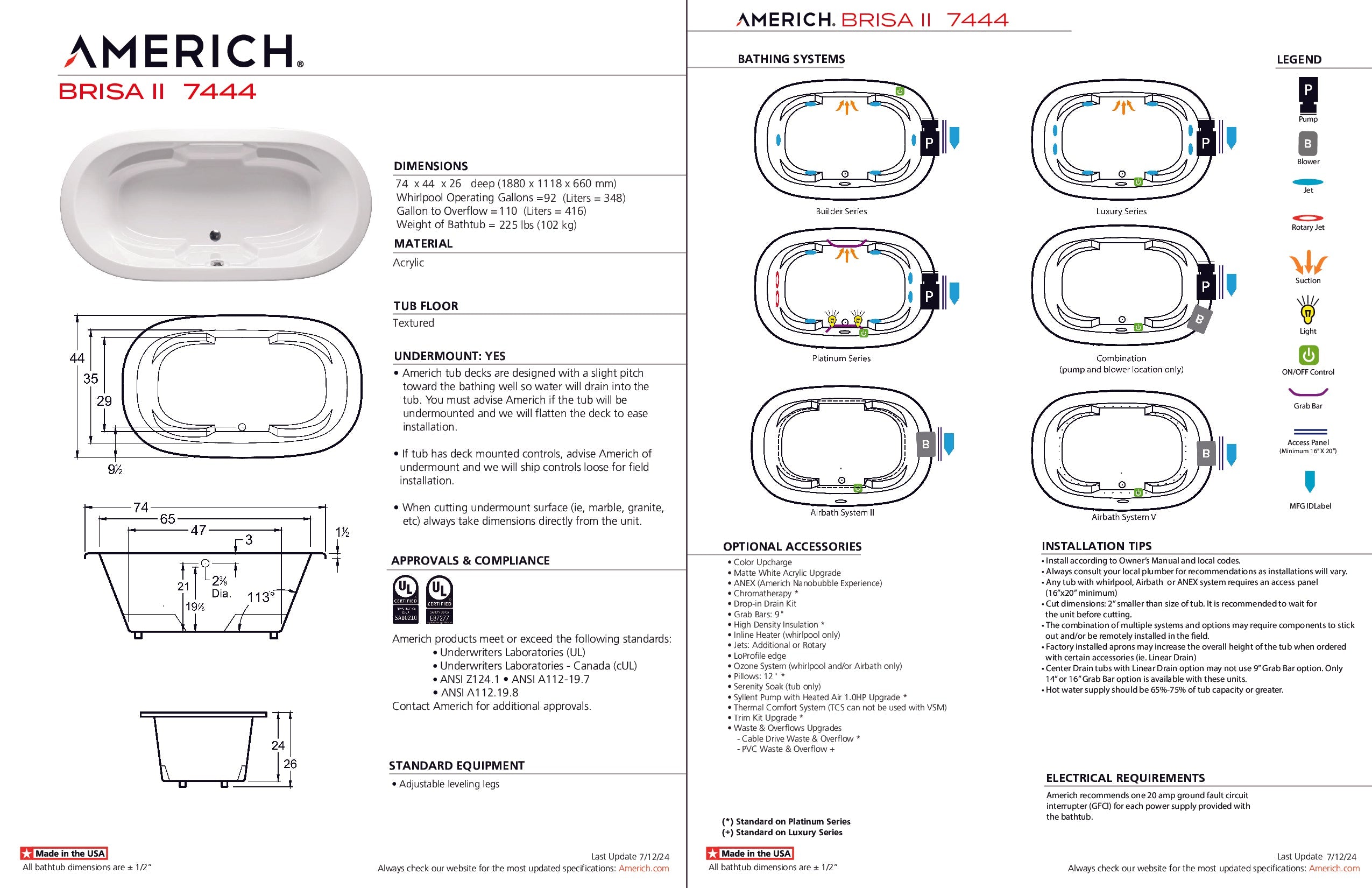 Americh Brisa II 7444 - Platinum Series Drop-in Bathtub BR7444-24P-WH