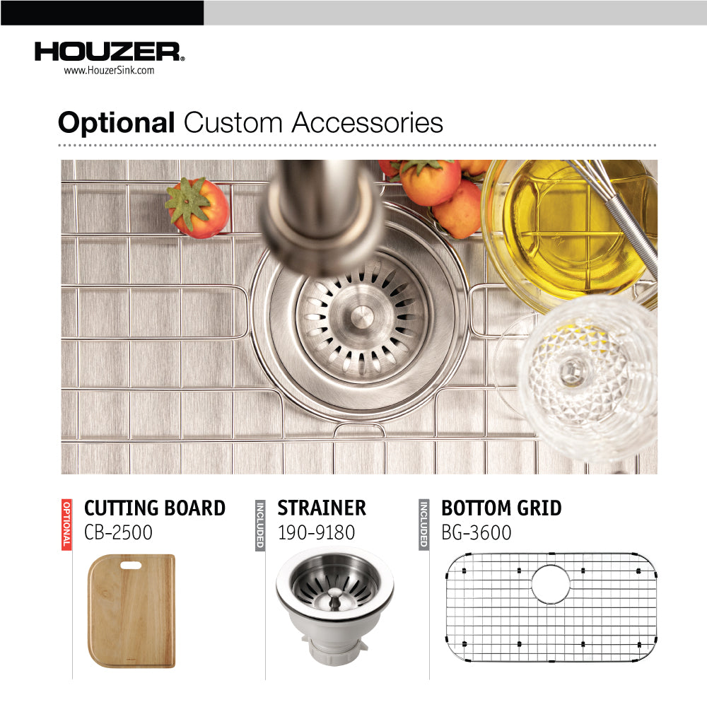 Houzer Belleo 32" Stainless Steel Drop-in Topmount Single Bowl Kitchen Sink with Strainer & Grid