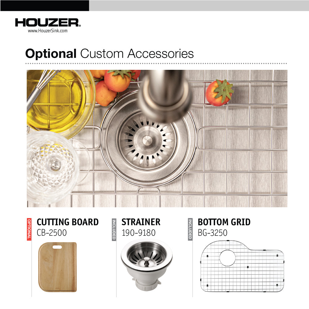 Houzer Belleo 32" Stainless Steel Drop-in Topmount Single Bowl Offset Kitchen Sink with Strainer & Grid