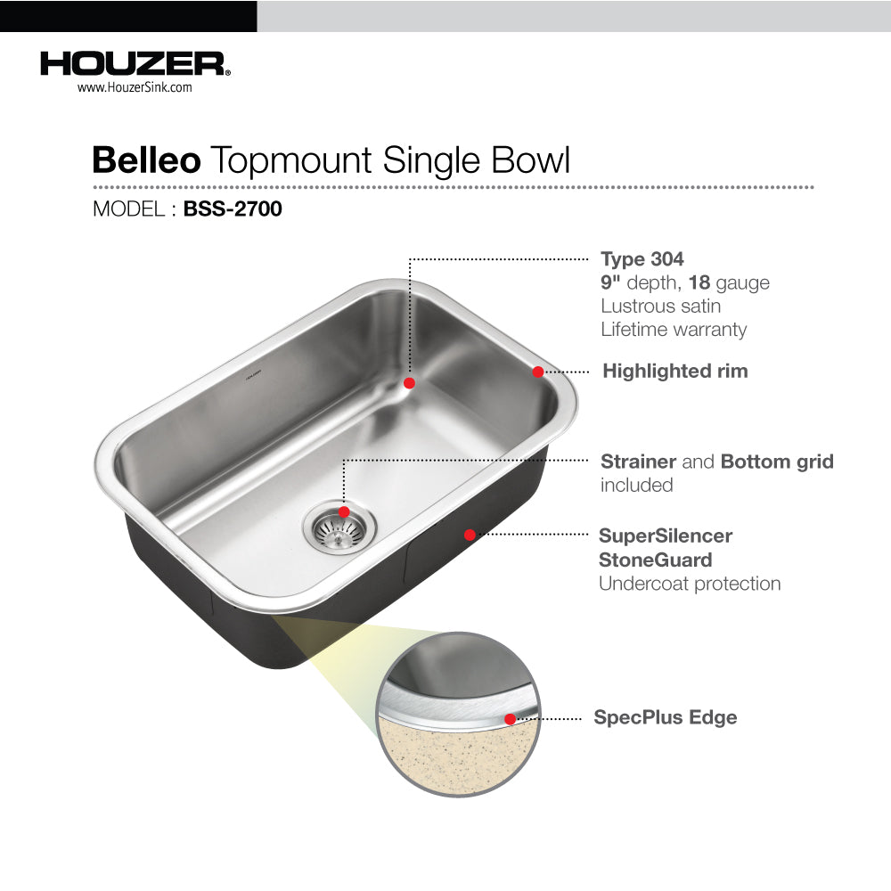Houzer Belleo 27" inch Stainless Steel Drop-in Topmount Single Bowl Kitchen Sink with Strainer & Grid