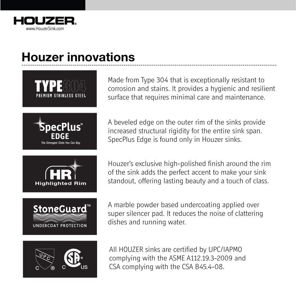 Houzer Belleo 27" inch Stainless Steel Drop-in Topmount Single Bowl Kitchen Sink with Strainer & Grid