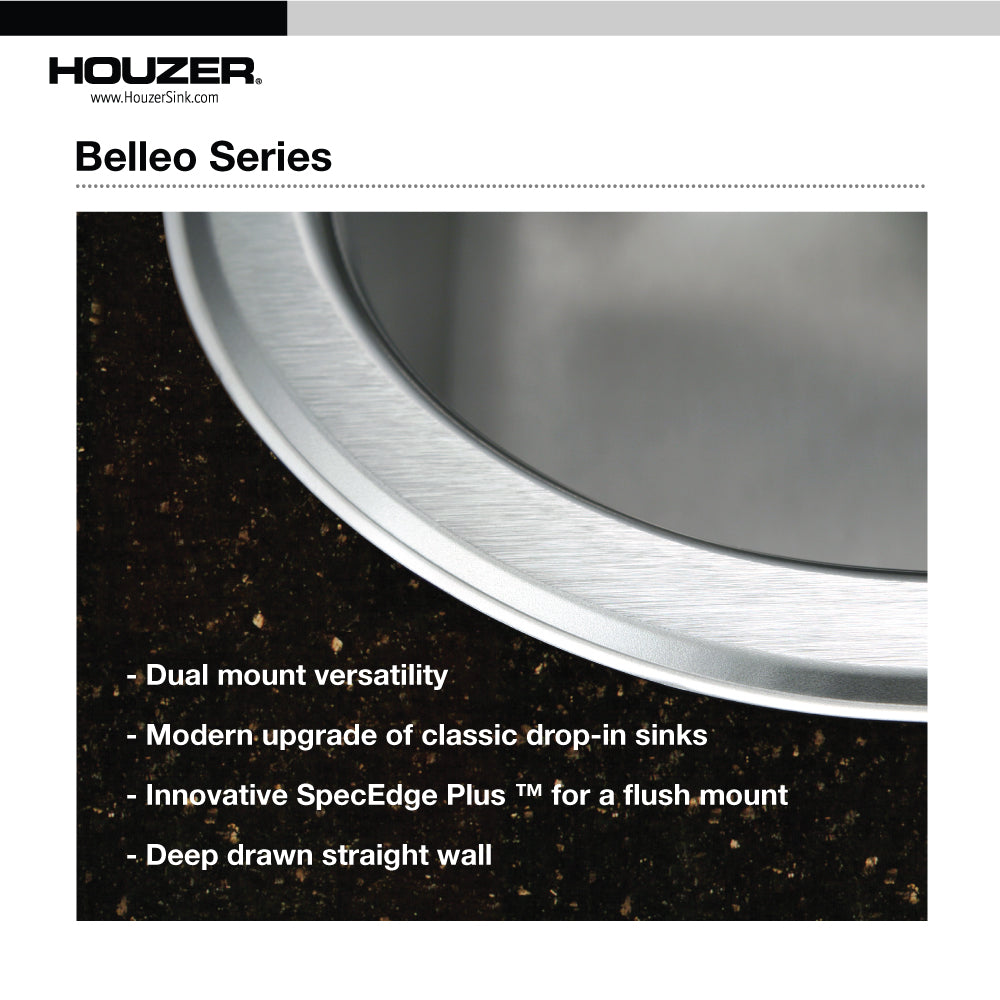 Houzer Belleo 27" inch Stainless Steel Drop-in Topmount Single Bowl Kitchen Sink with Strainer & Grid