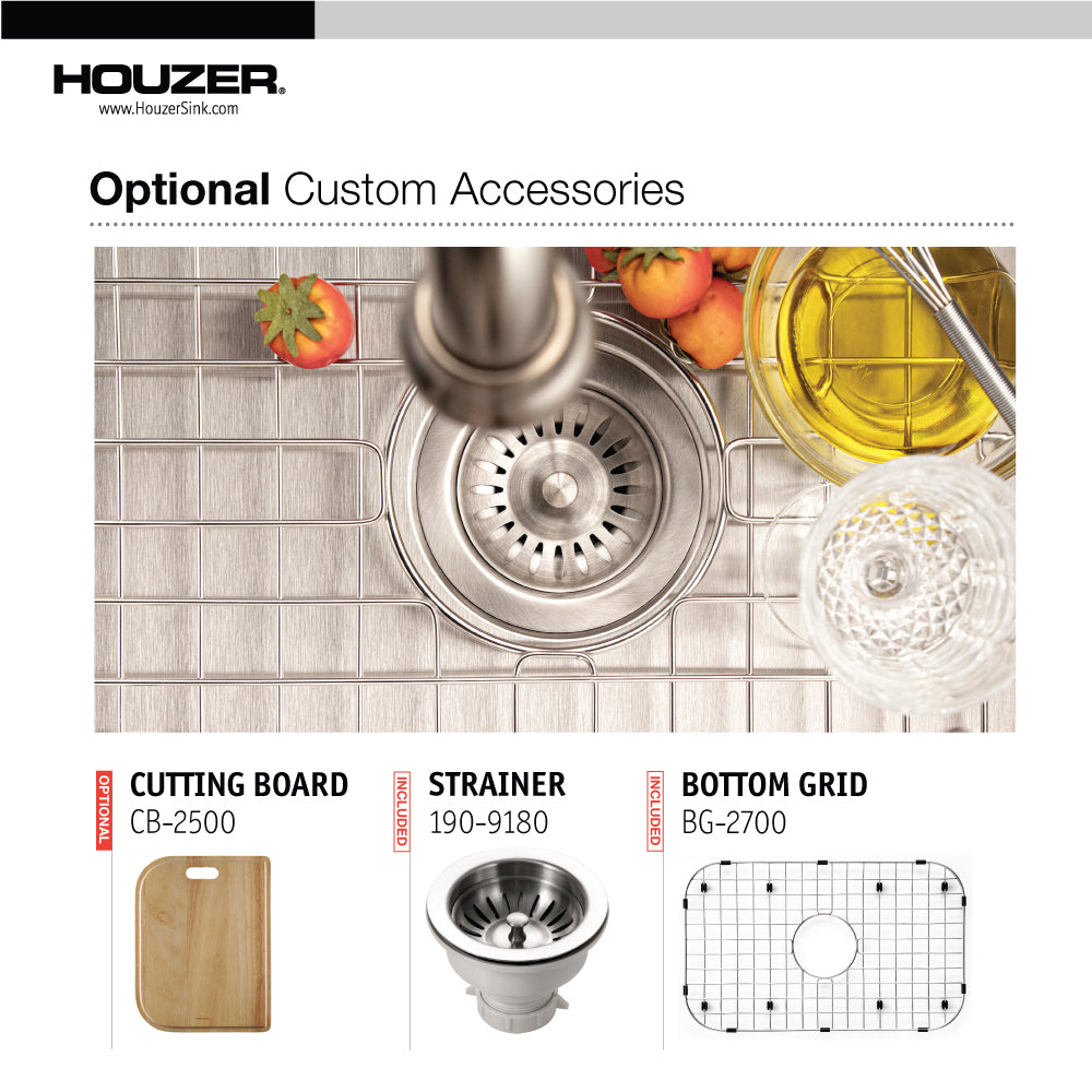 Houzer Belleo 27" inch Stainless Steel Drop-in Topmount Single Bowl Kitchen Sink with Strainer & Grid
