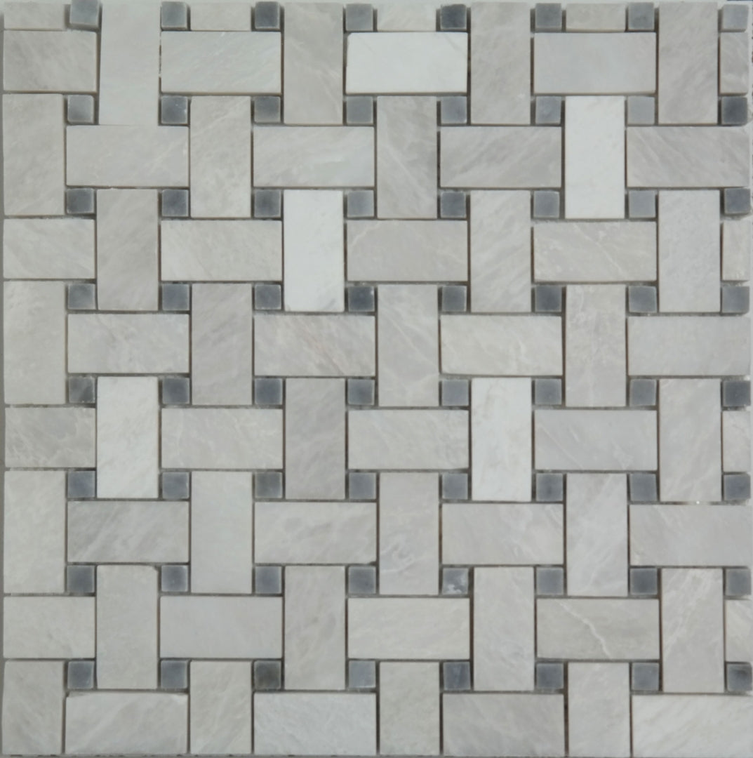 Basketweave Mosaic Alaska White With Grey Dot Marble Polished