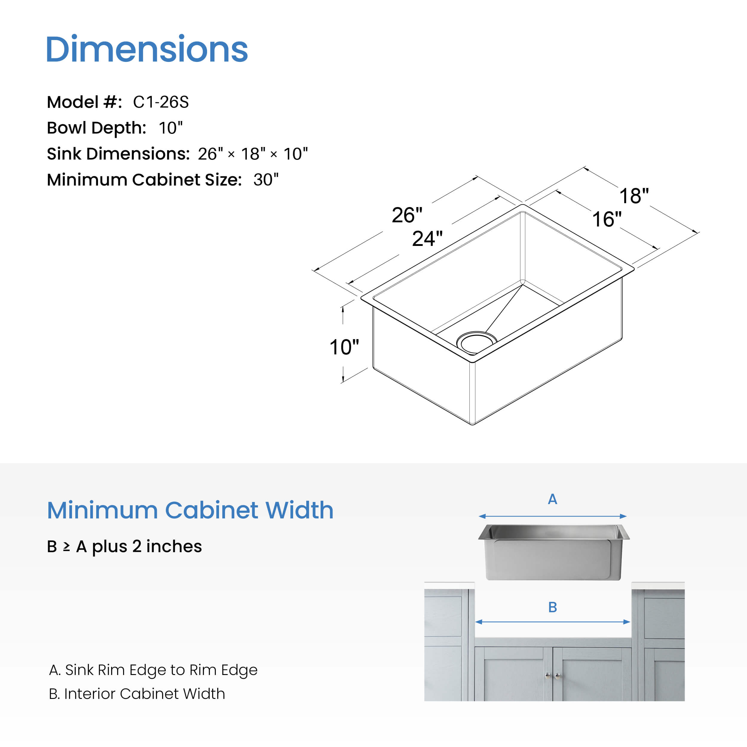 26" Handcrafted Undermount Single Bowl 16 gauge Stainless Steel Kitchen Sink
