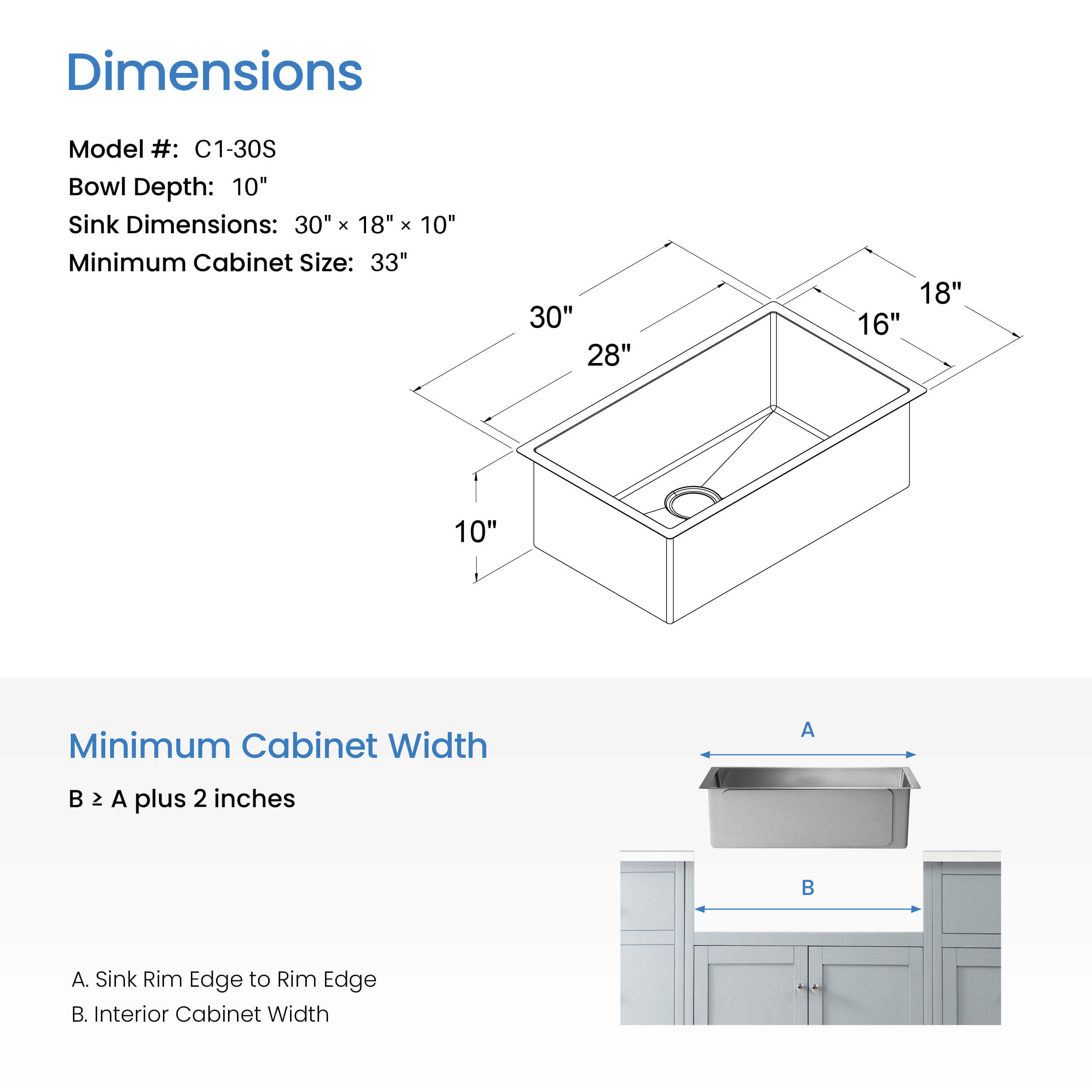 30" Handcrafted Undermount Single Bowl 16 gauge Stainless Steel Kitchen Sink