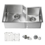 32" Handcrafted Undermount Double Bowl Stainless Steel Kitchen Sink
