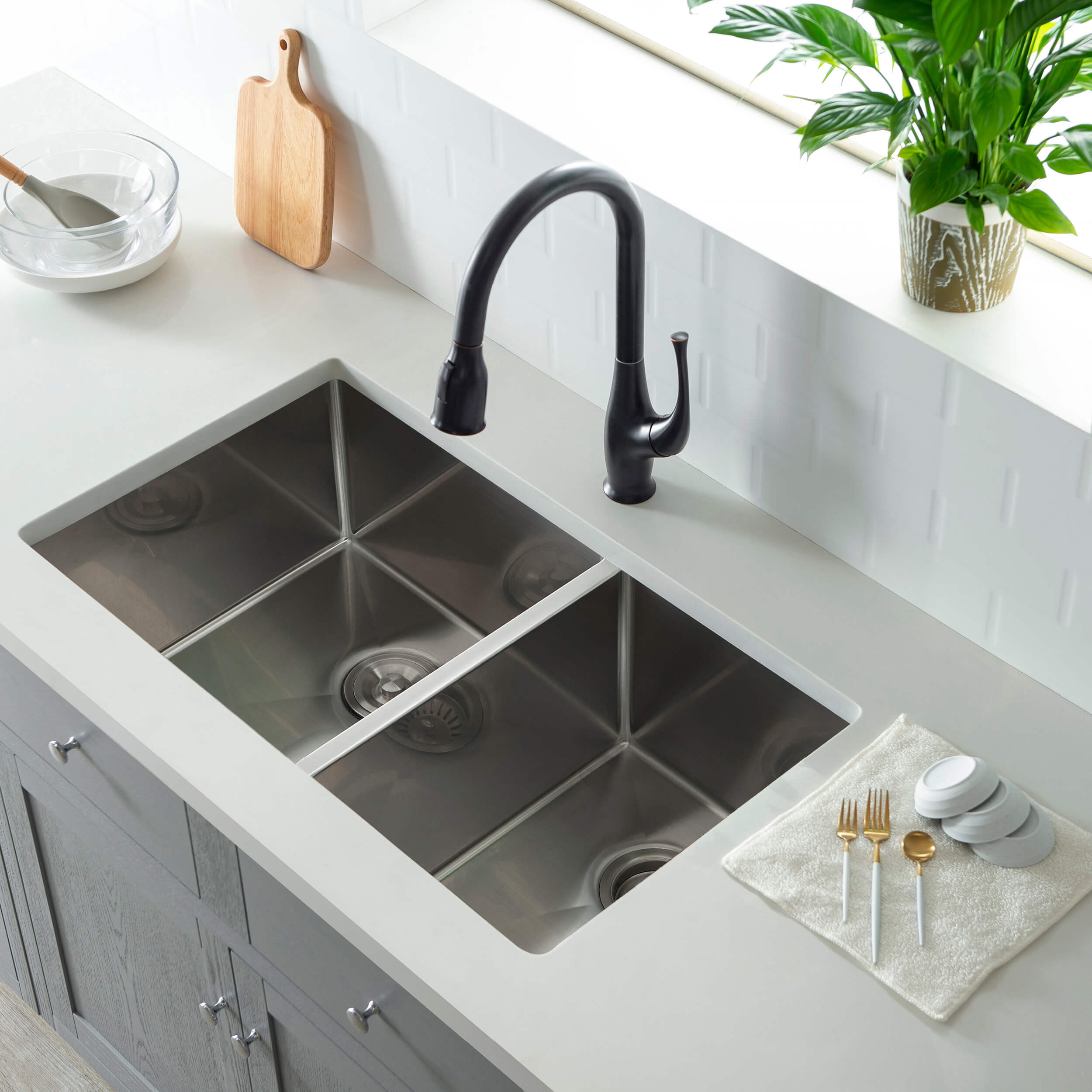 32 3/4" Handcrafted Undermount Double Bowl Stainless Steel Kitchen Sink