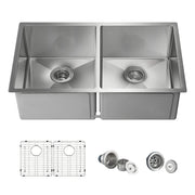 32 3/4" Handcrafted Undermount Double Bowl Stainless Steel Kitchen Sink