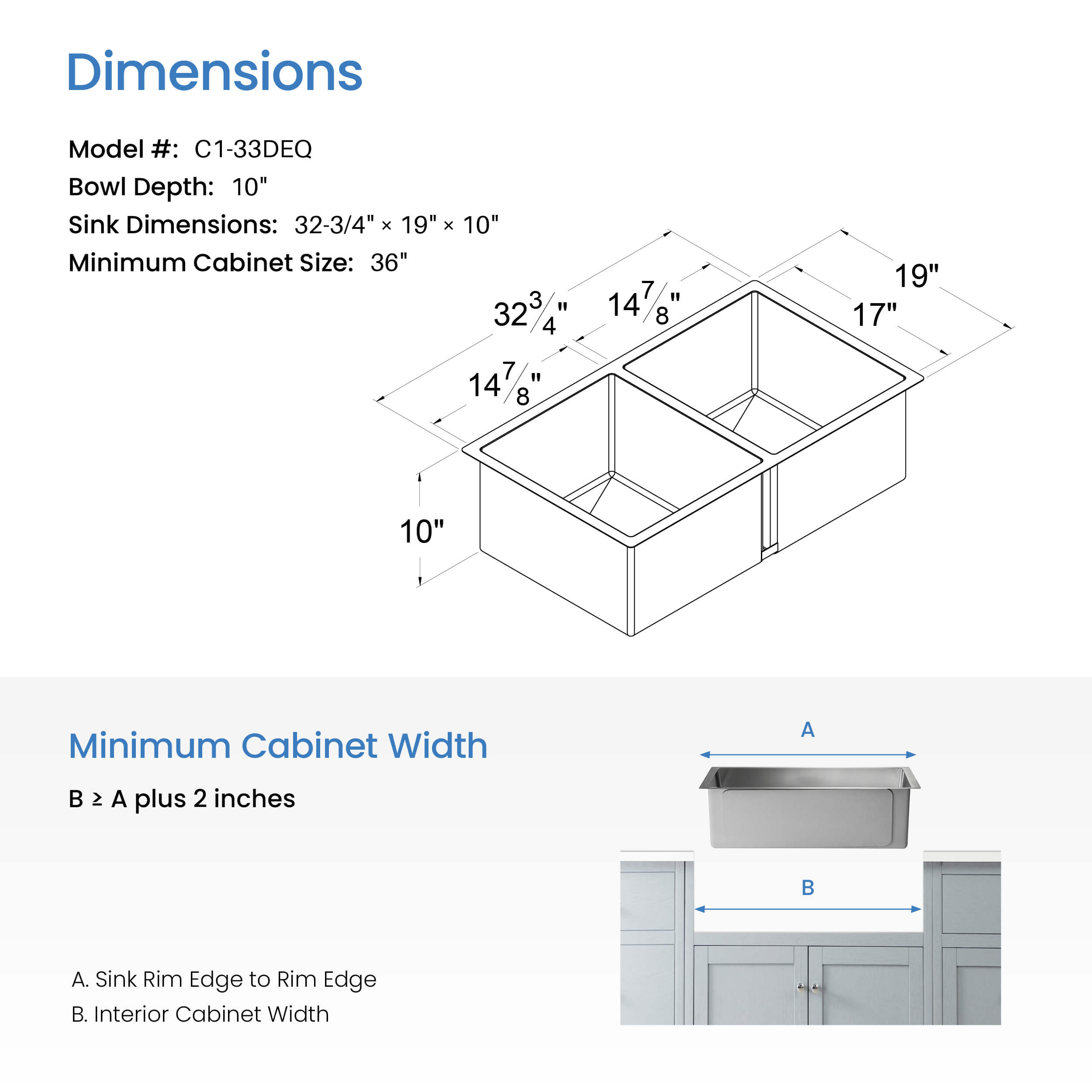 32 3/4" Handcrafted Undermount Double Bowl Stainless Steel Kitchen Sink