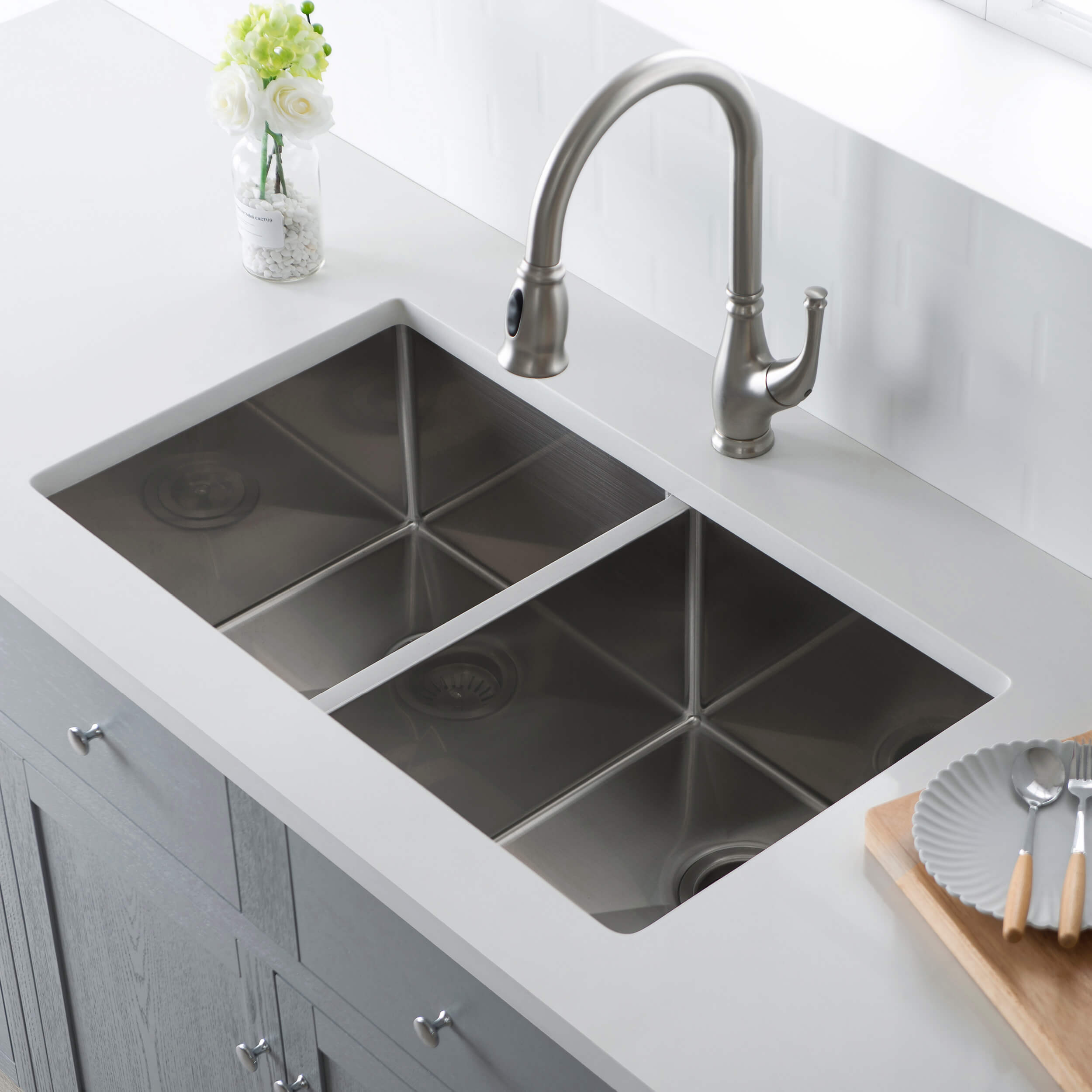 32 3/4" Handcrafted Undermount Double Bowl Stainless Steel Kitchen Sink