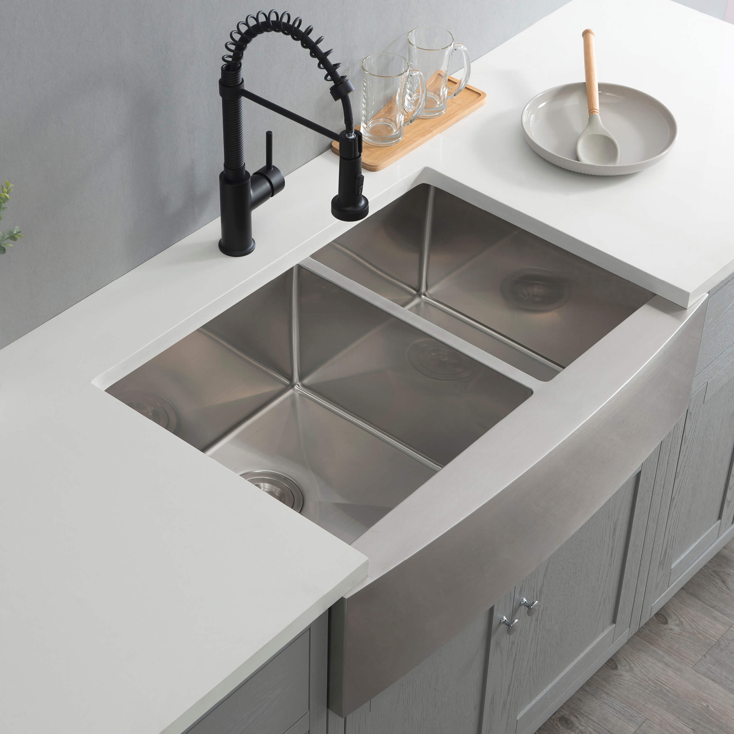 33″ Handcrafted Farmhouse Apron Double Bowl Stainless Steel Kitchen Sink – C1-33DF