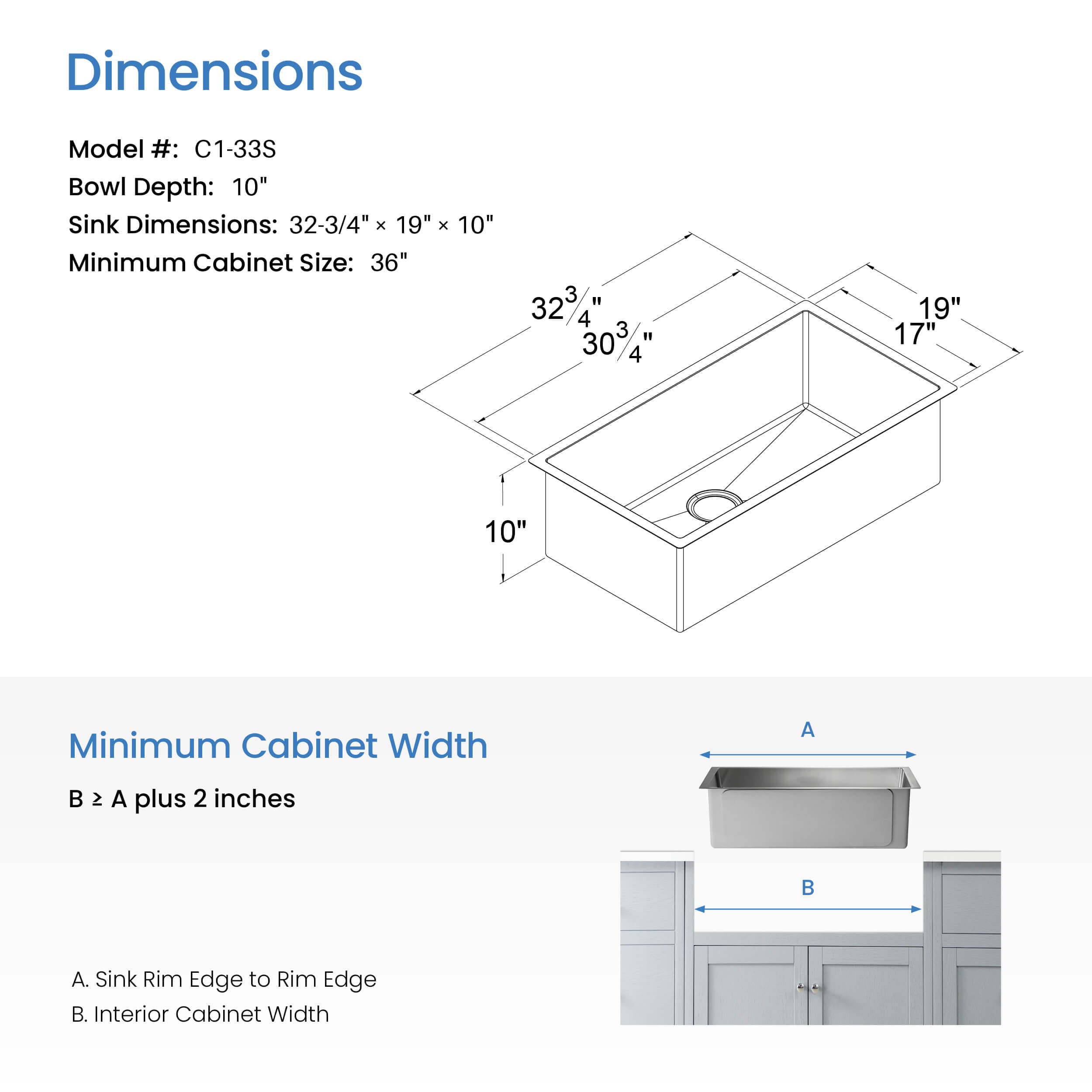 32 3/4" Handcrafted Undermount Single Bowl 16 gauge Stainless Steel Kitchen Sink