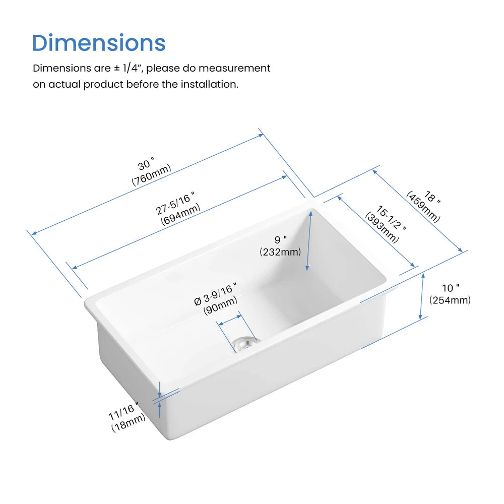 Nova 30" Fireclay Single Bowl Kitchen Drop-In/Undermount Sink - C2-30S