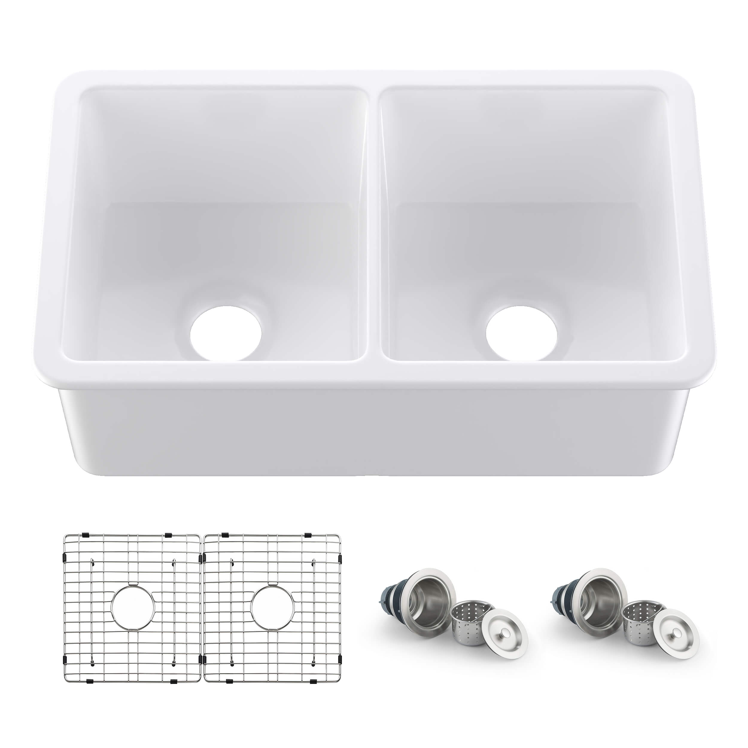 32" Fireclay Double Bowl Drop-In/Undermount Kitchen Sink - C2-32D