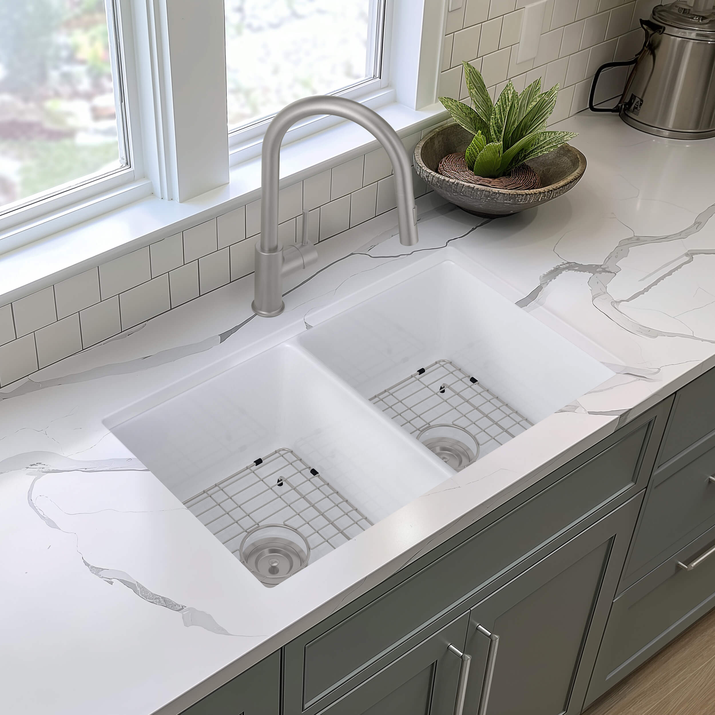 32" Fireclay Double Bowl Drop-In/Undermount Kitchen Sink - C2-32D