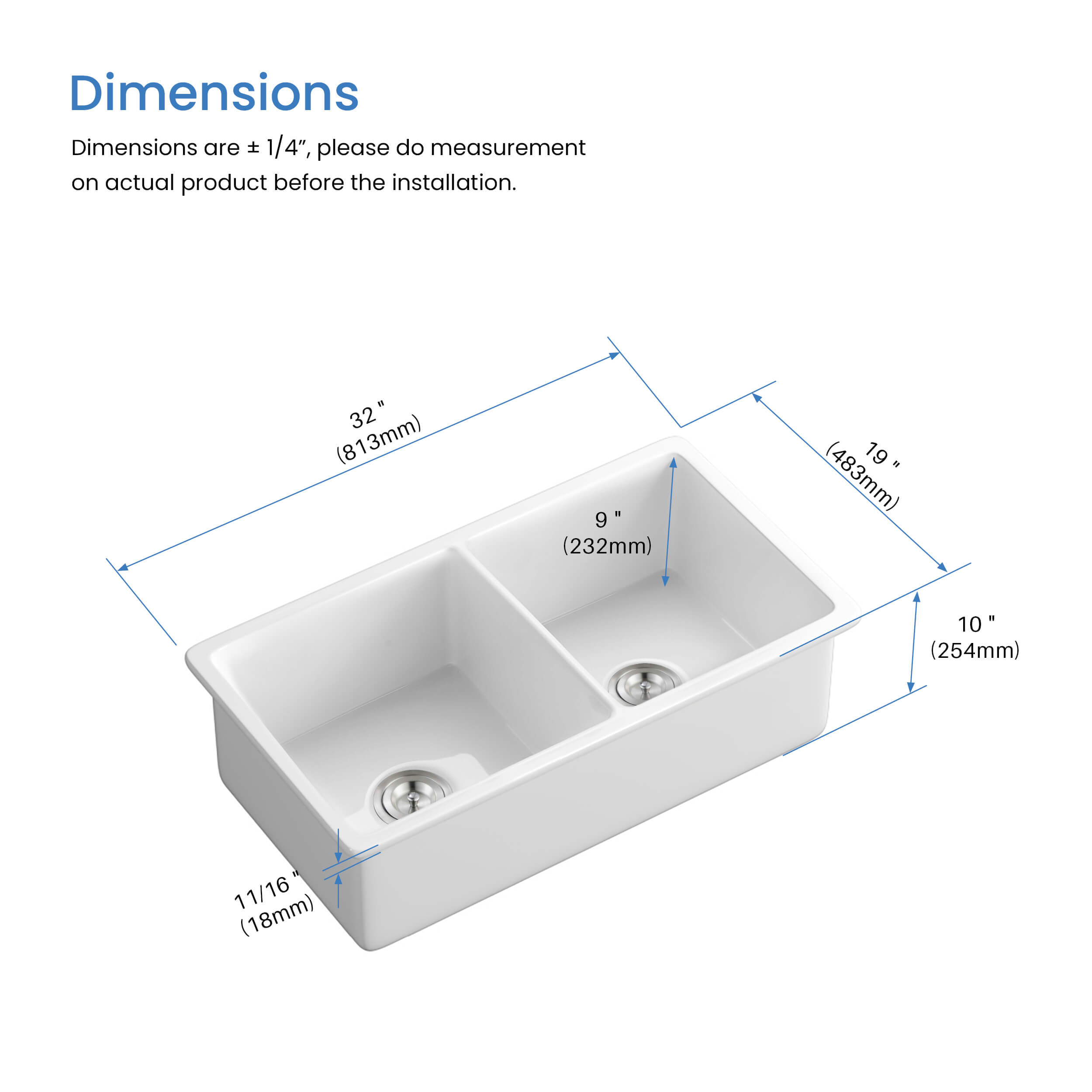 32" Fireclay Double Bowl Drop-In/Undermount Kitchen Sink - C2-32D