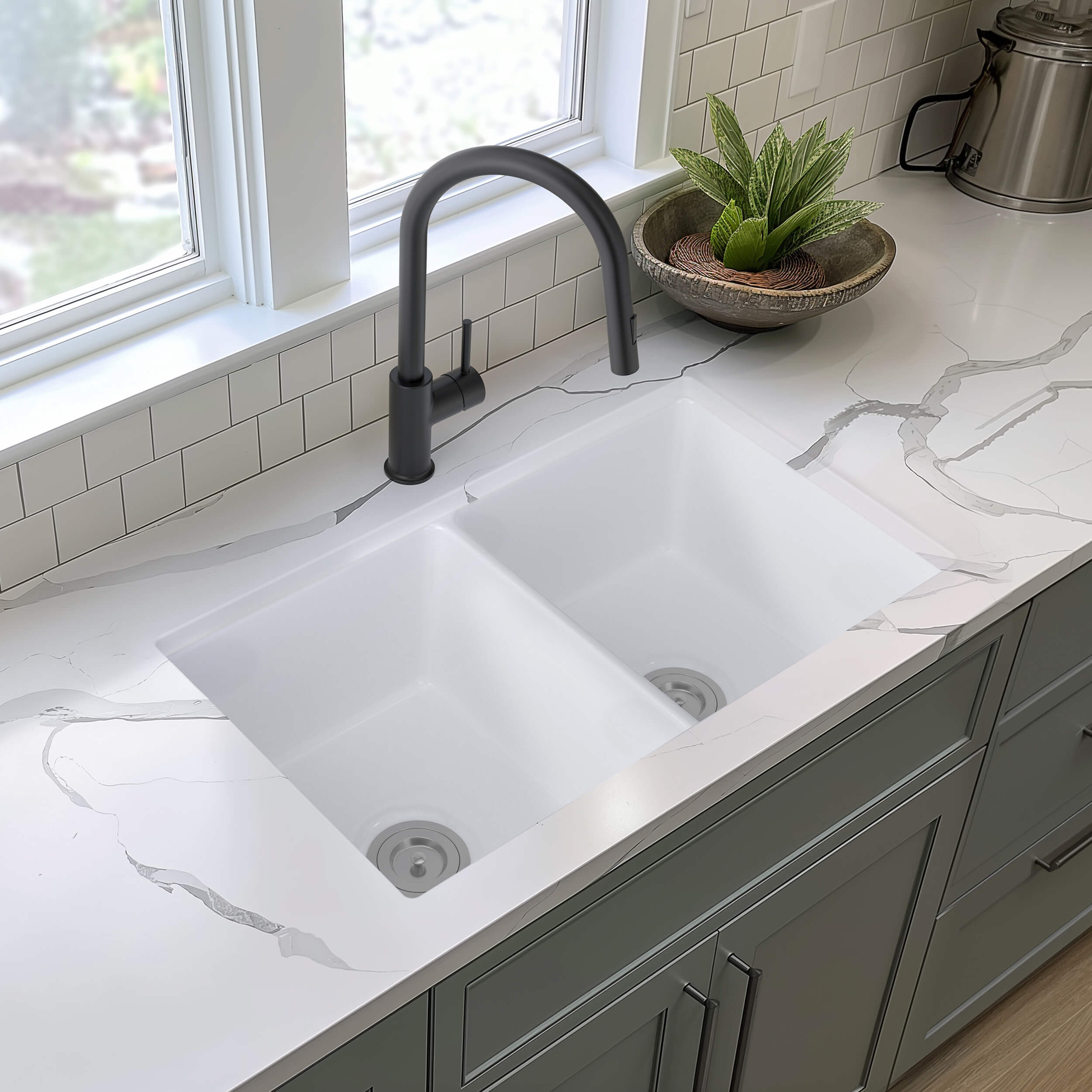 32" Fireclay Double Bowl Drop-In/Undermount Kitchen Sink - C2-32D