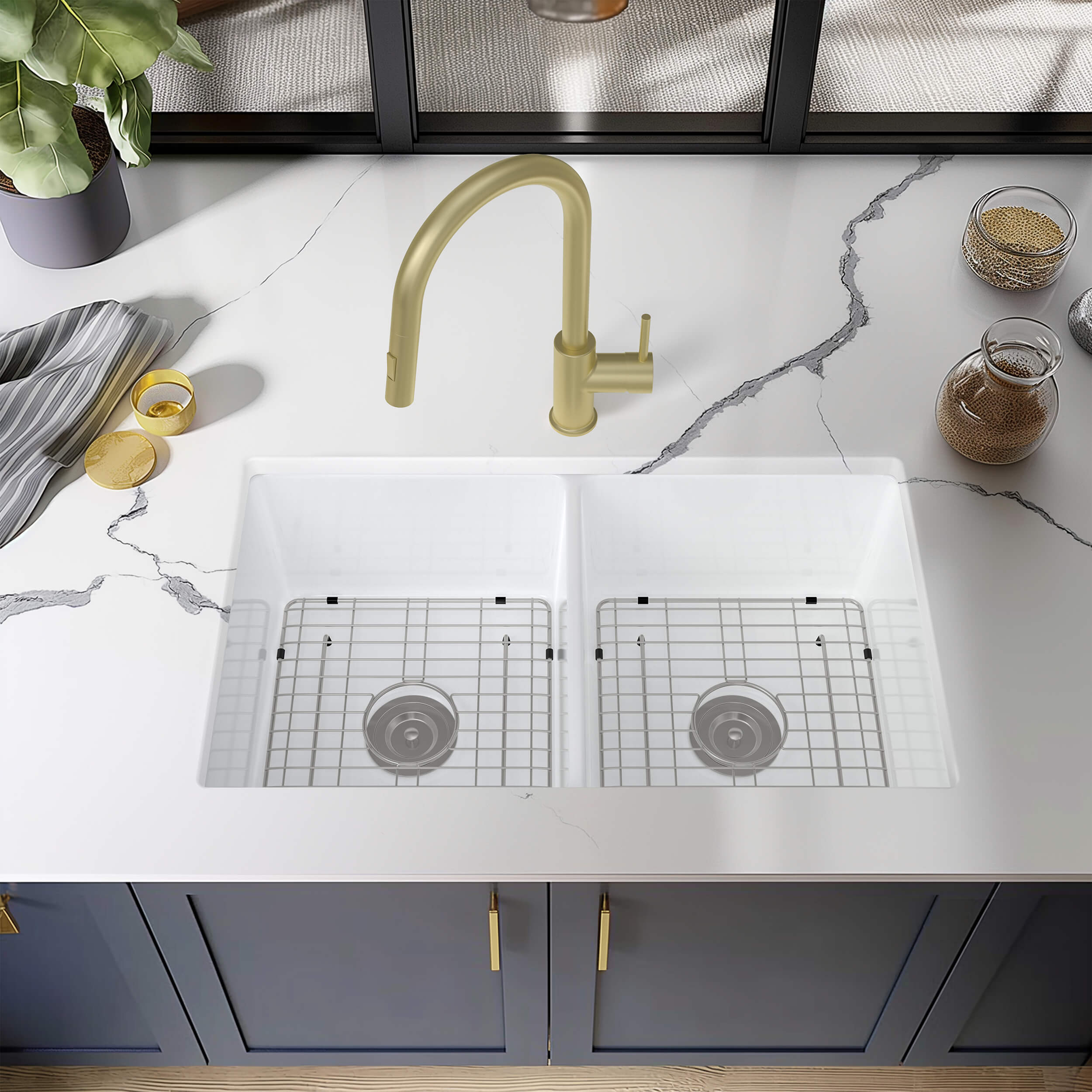 32" Fireclay Double Bowl Drop-In/Undermount Kitchen Sink - C2-32D