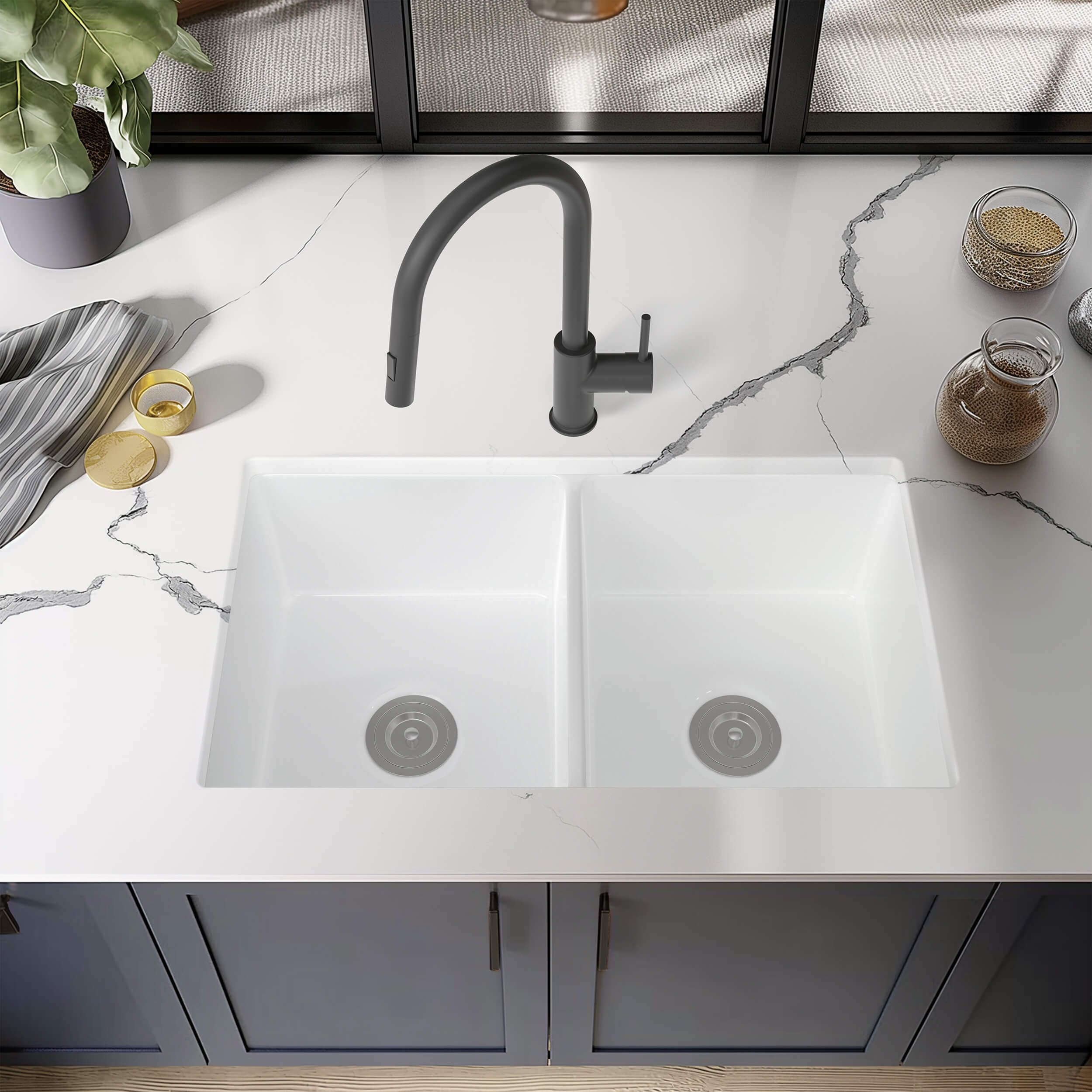32" Fireclay Double Bowl Drop-In/Undermount Kitchen Sink - C2-32D