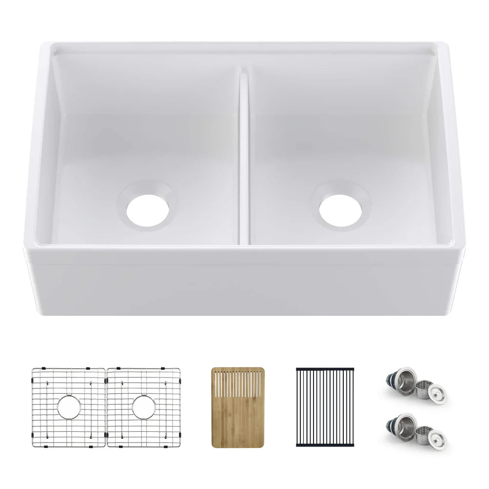33" Fireclay Double Bowl Farmhouse Kitchen Workstation Sink - C2-33DFT
