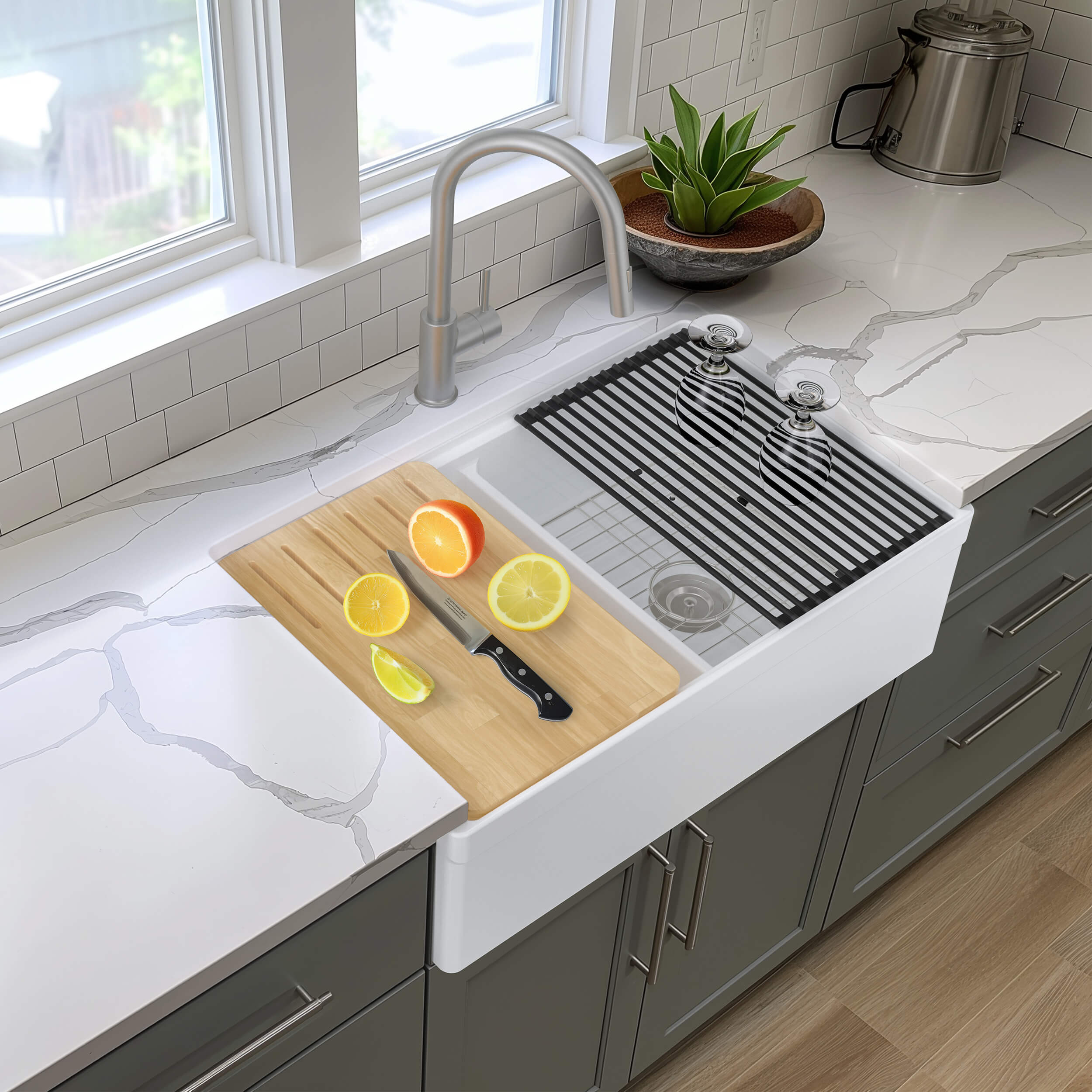 33" Fireclay Double Bowl  Farmhouse Kitchen Workstation Sink