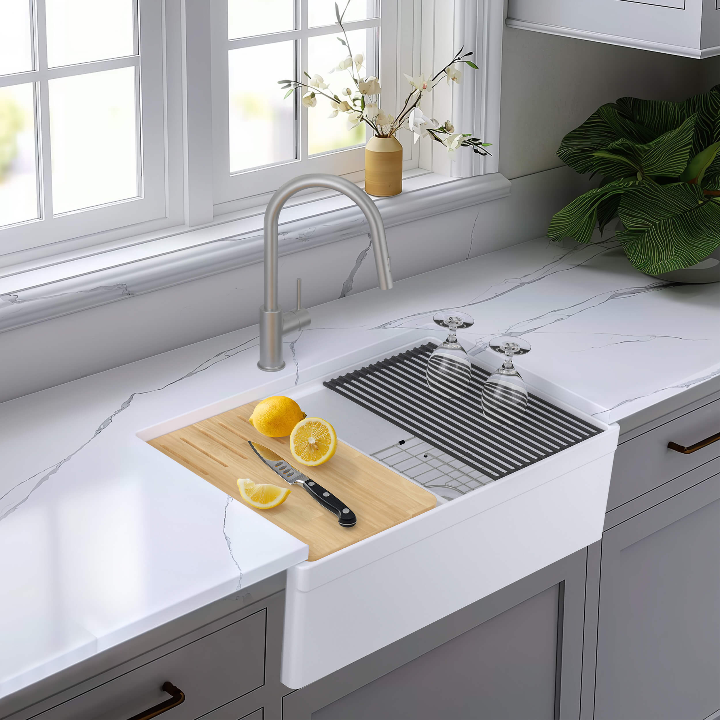 33" Fireclay Double Bowl  Farmhouse Kitchen Workstation Sink