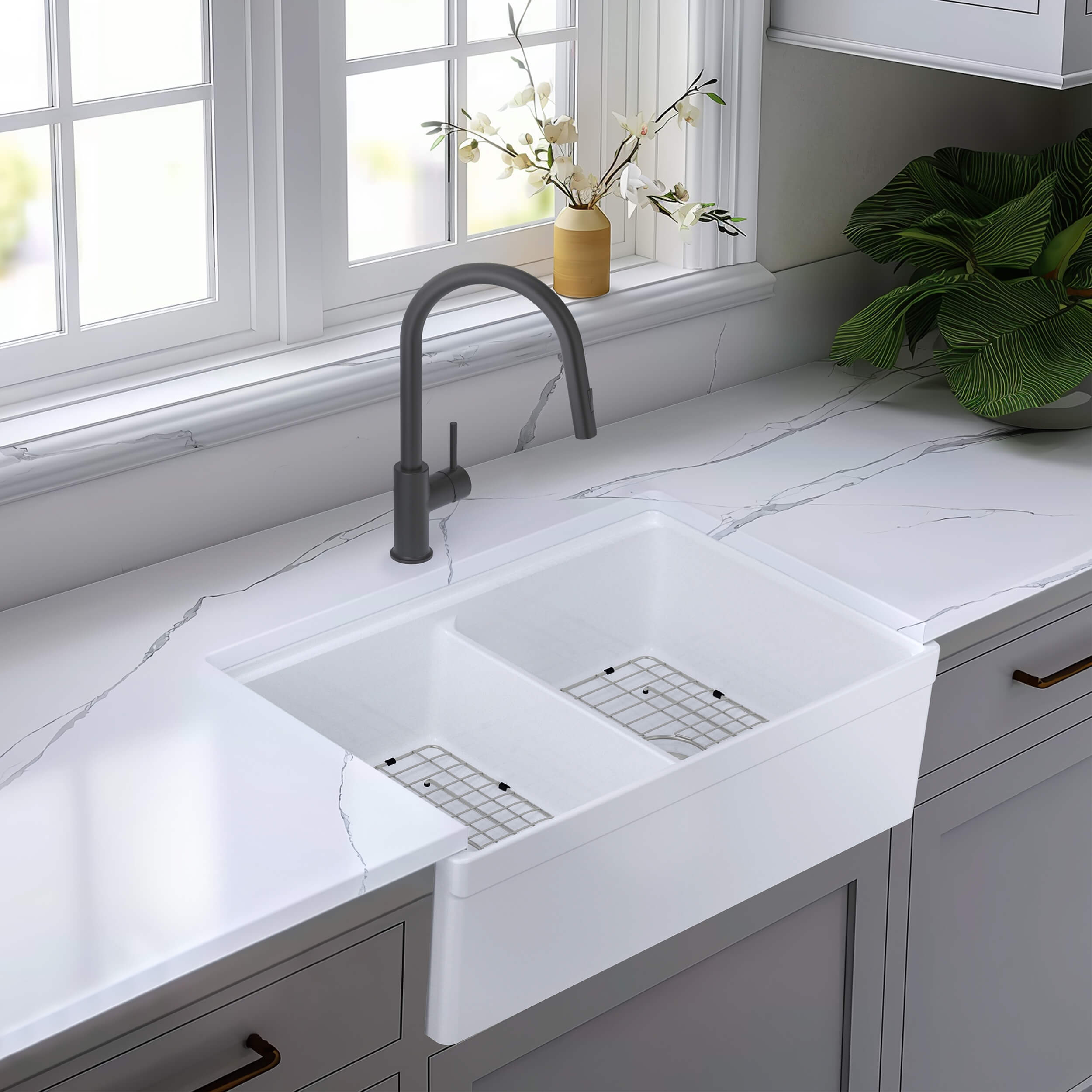 33" Fireclay Double Bowl  Farmhouse Kitchen Workstation Sink