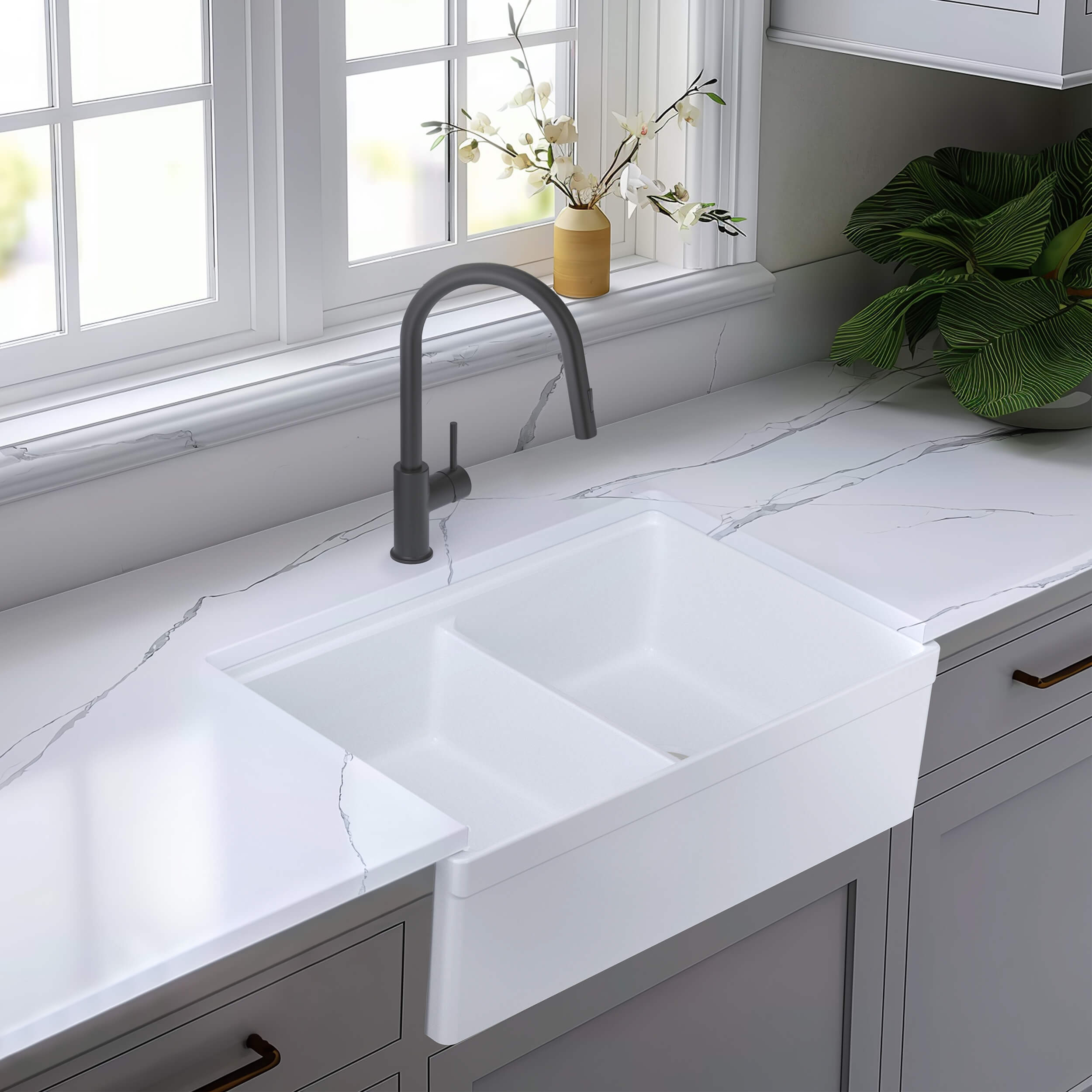 33" Fireclay Double Bowl  Farmhouse Kitchen Workstation Sink