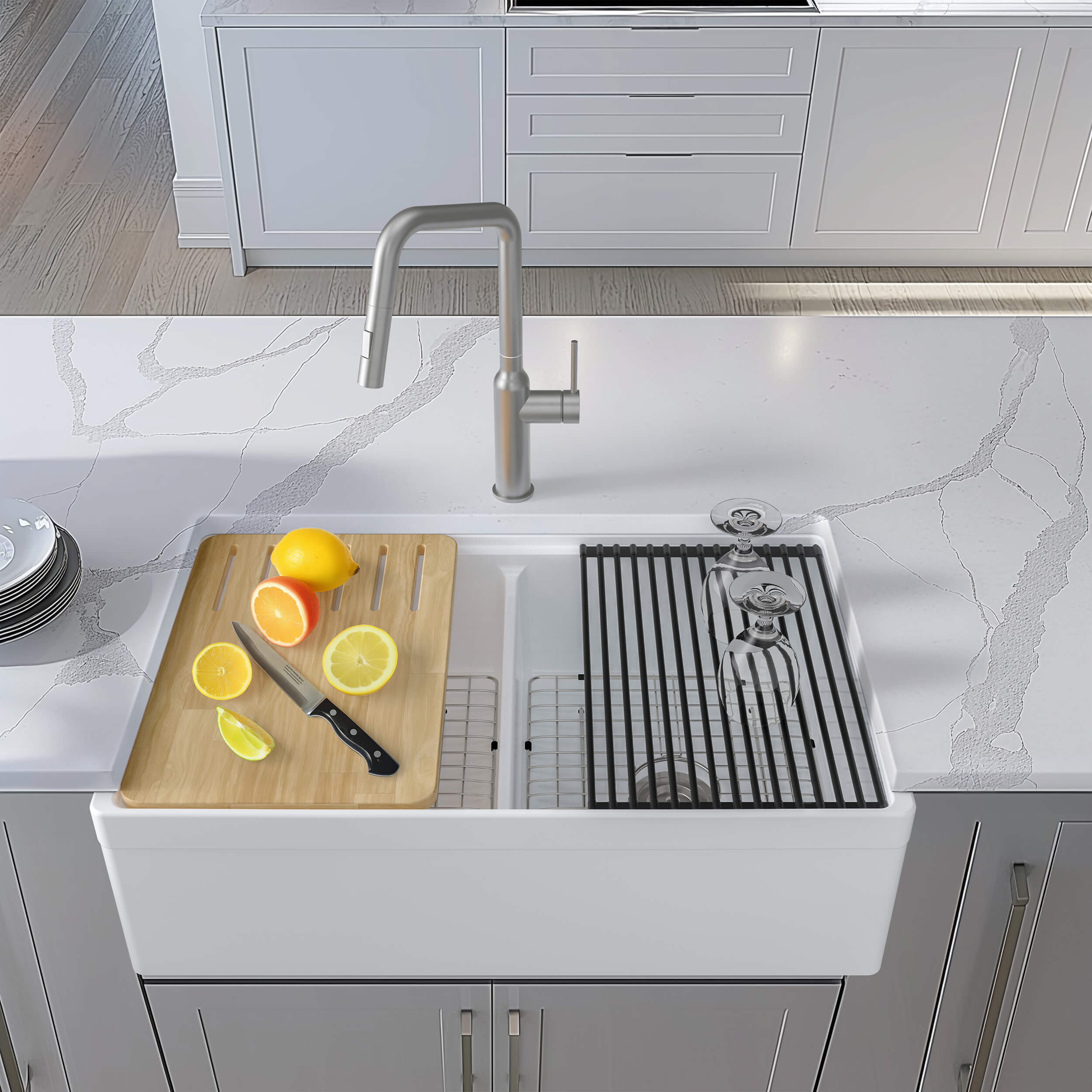 33" Fireclay Double Bowl  Farmhouse Kitchen Workstation Sink