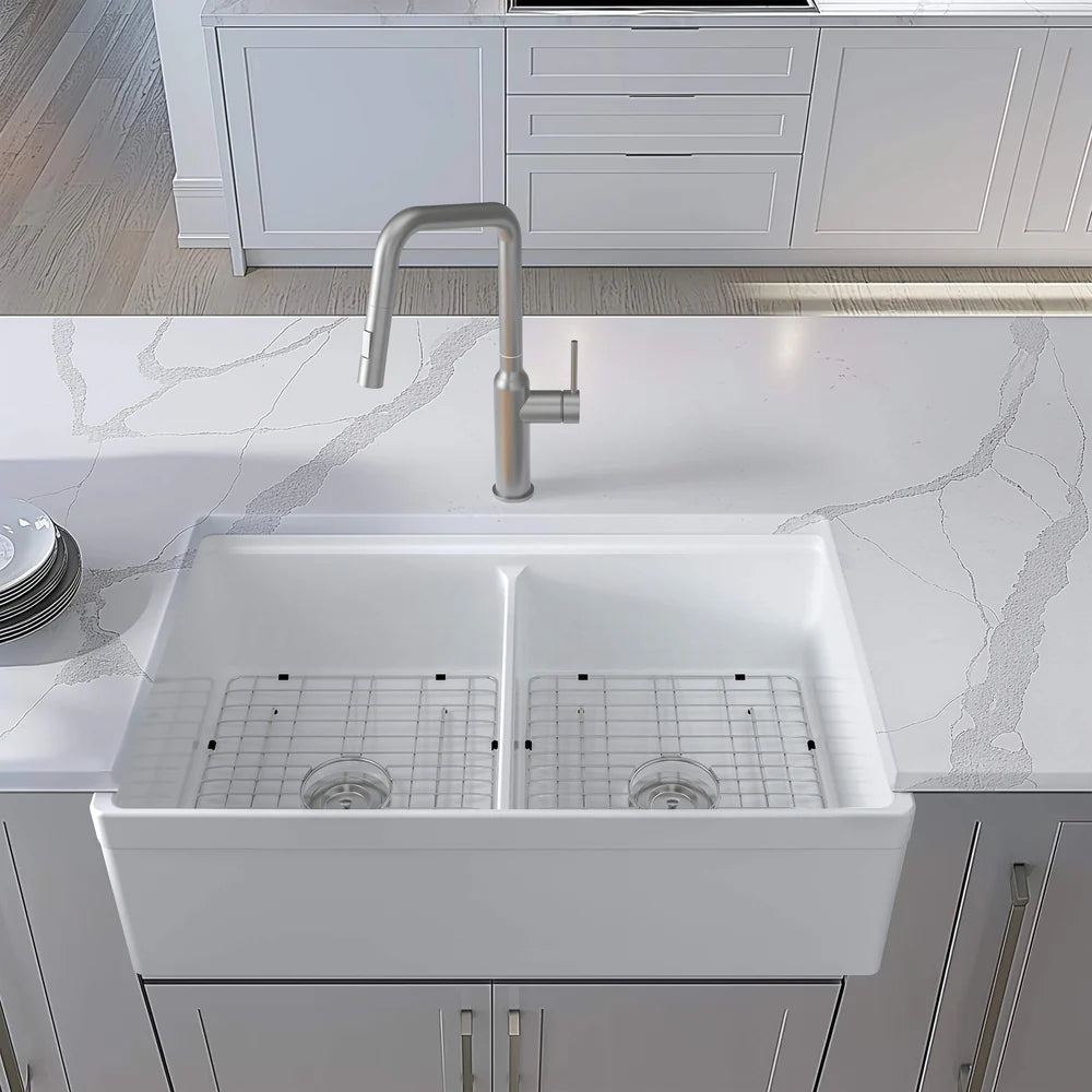 33" Fireclay Double Bowl Farmhouse Kitchen Workstation Sink - C2-33DFT