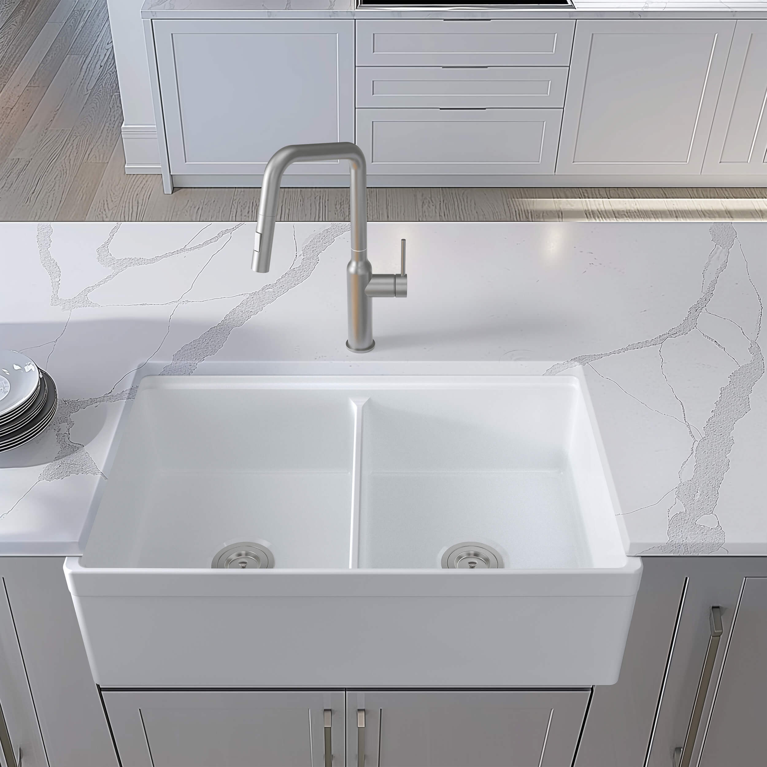 33" Fireclay Double Bowl  Farmhouse Kitchen Workstation Sink