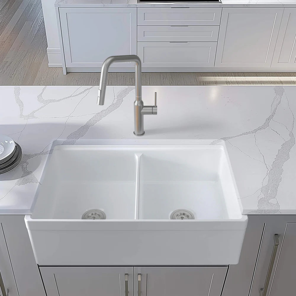 33" Fireclay Double Bowl Farmhouse Kitchen Workstation Sink - C2-33DFT