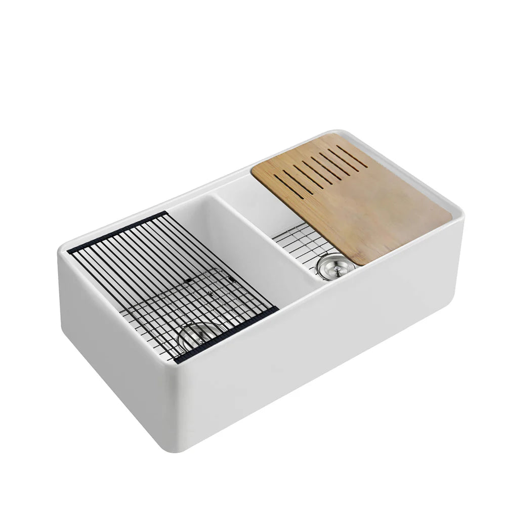 33" Fireclay Double Bowl Farmhouse Kitchen Workstation Sink - C2-33DFT