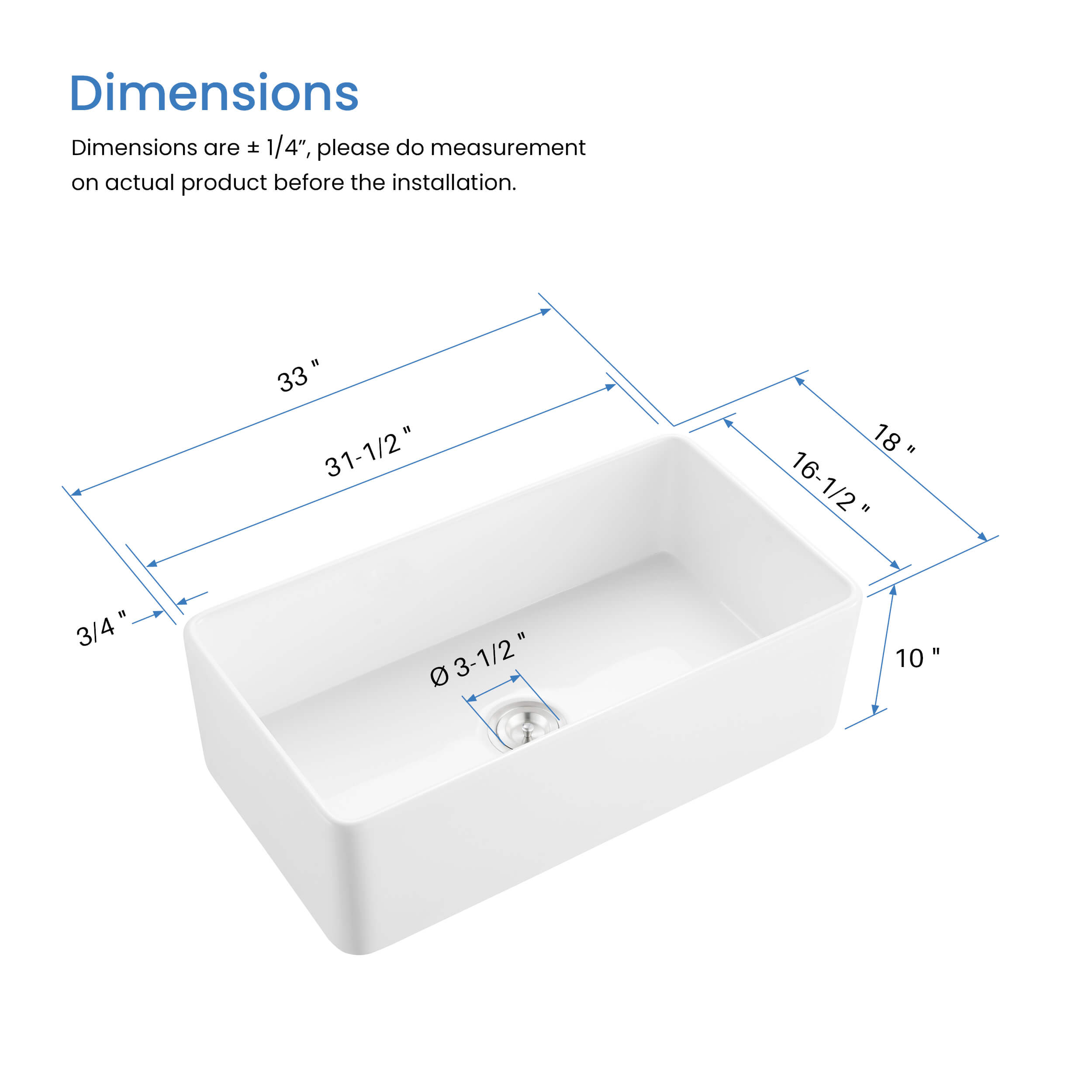 Nova 33" Fireclay Single Bowl Kitchen Farmhouse Sink - C2-33SF