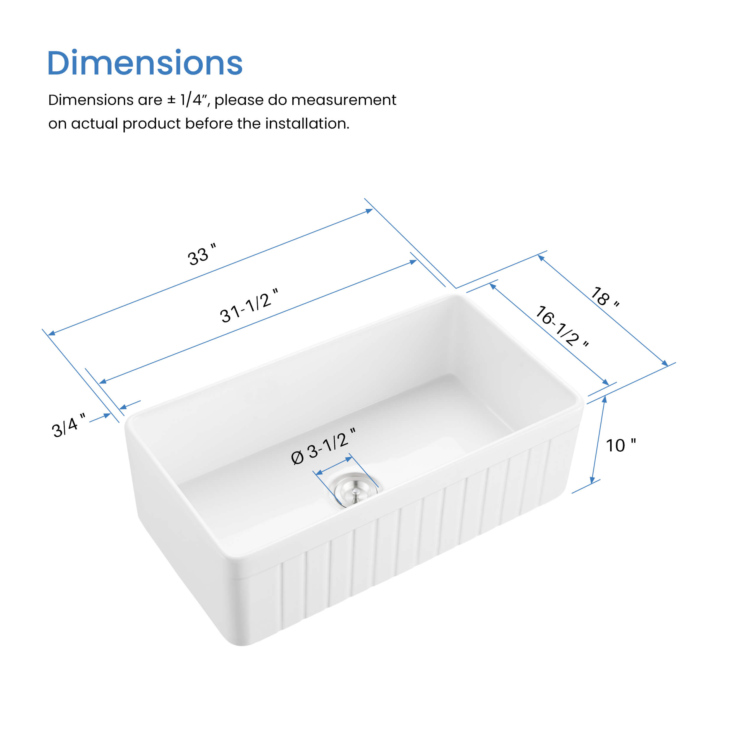 Pillar 33" Reversible Fireclay Single Bowl Kitchen Farmhouse Sink