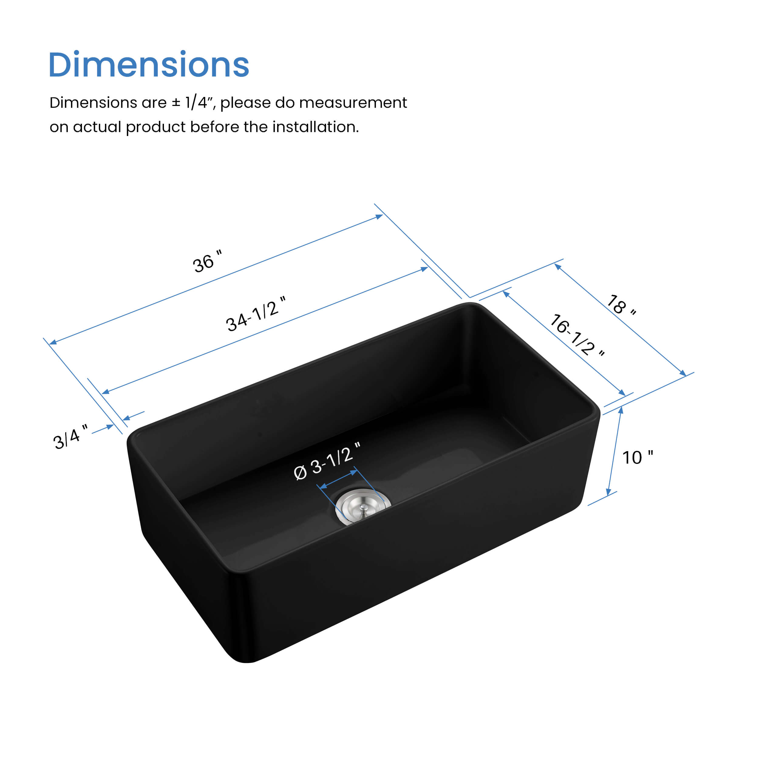 Nova 36″ Matte Black Fireclay Single Bowl Kitchen Farmhouse Sink – C2-36SF
