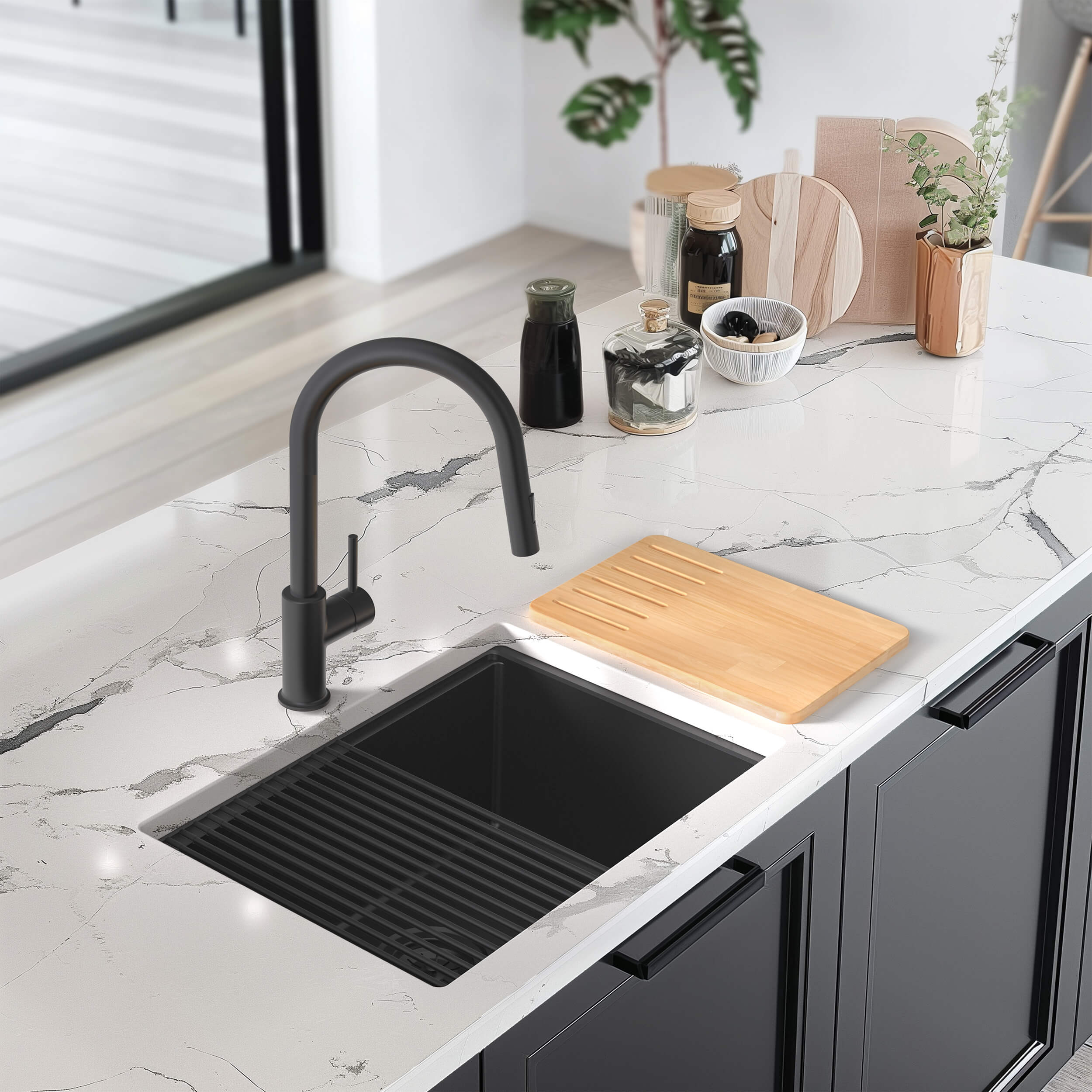 23" Undermount Workstation Single Bowl Quartz Kitchen Sink