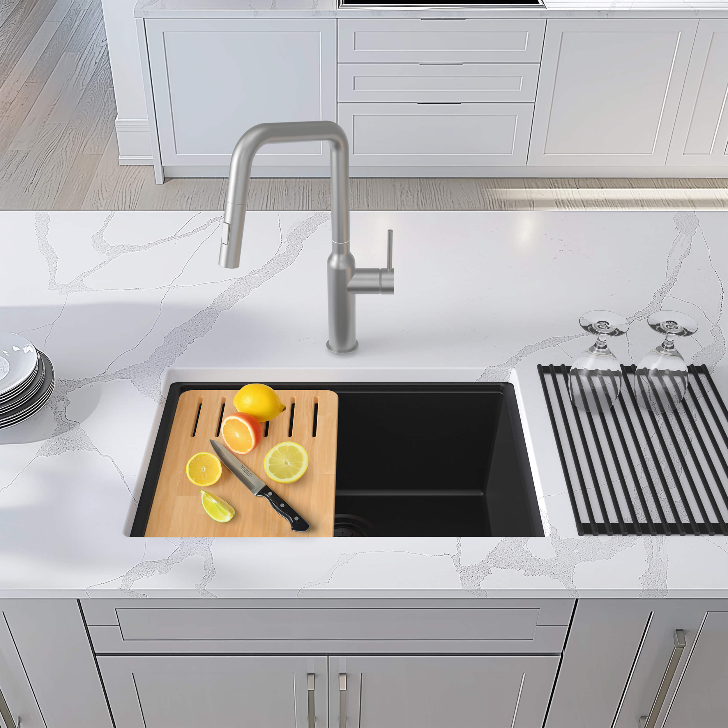 23" Undermount Workstation Single Bowl Quartz Kitchen Sink