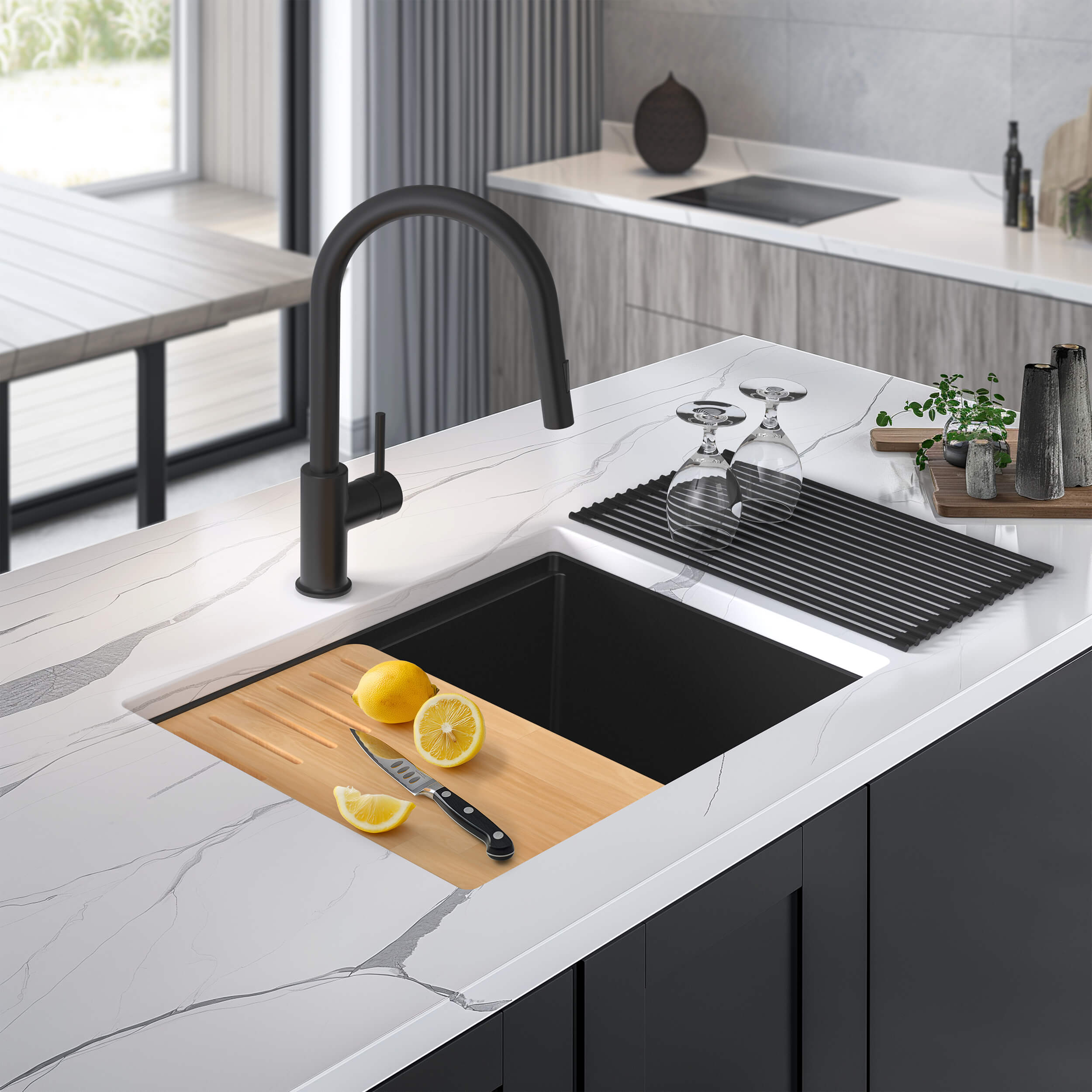 25" Undermount Workstation Single Bowl Quartz Kitchen Sink