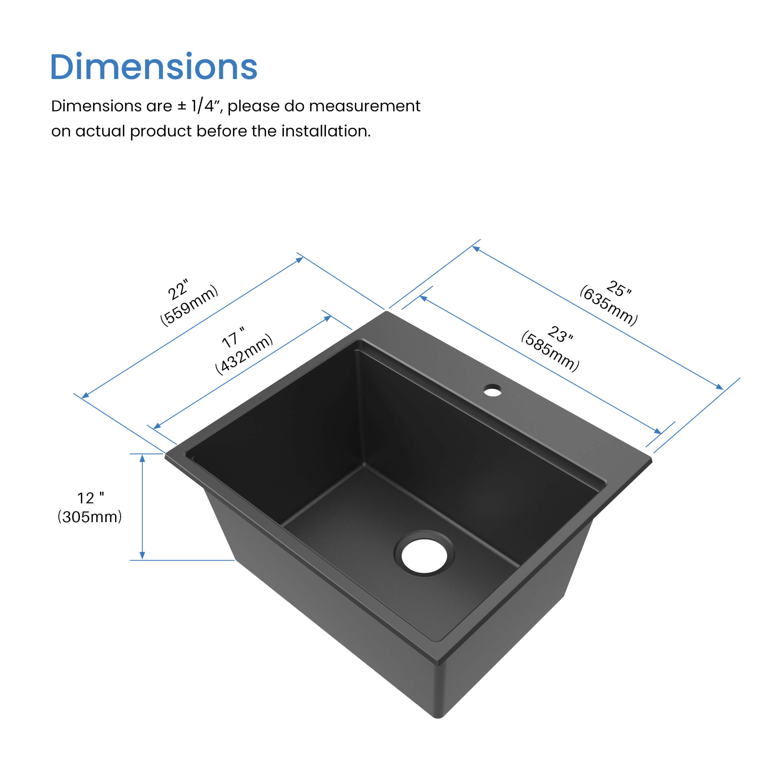 25" Top-Mount Workstation Single Bowl Quartz Kitchen Sink