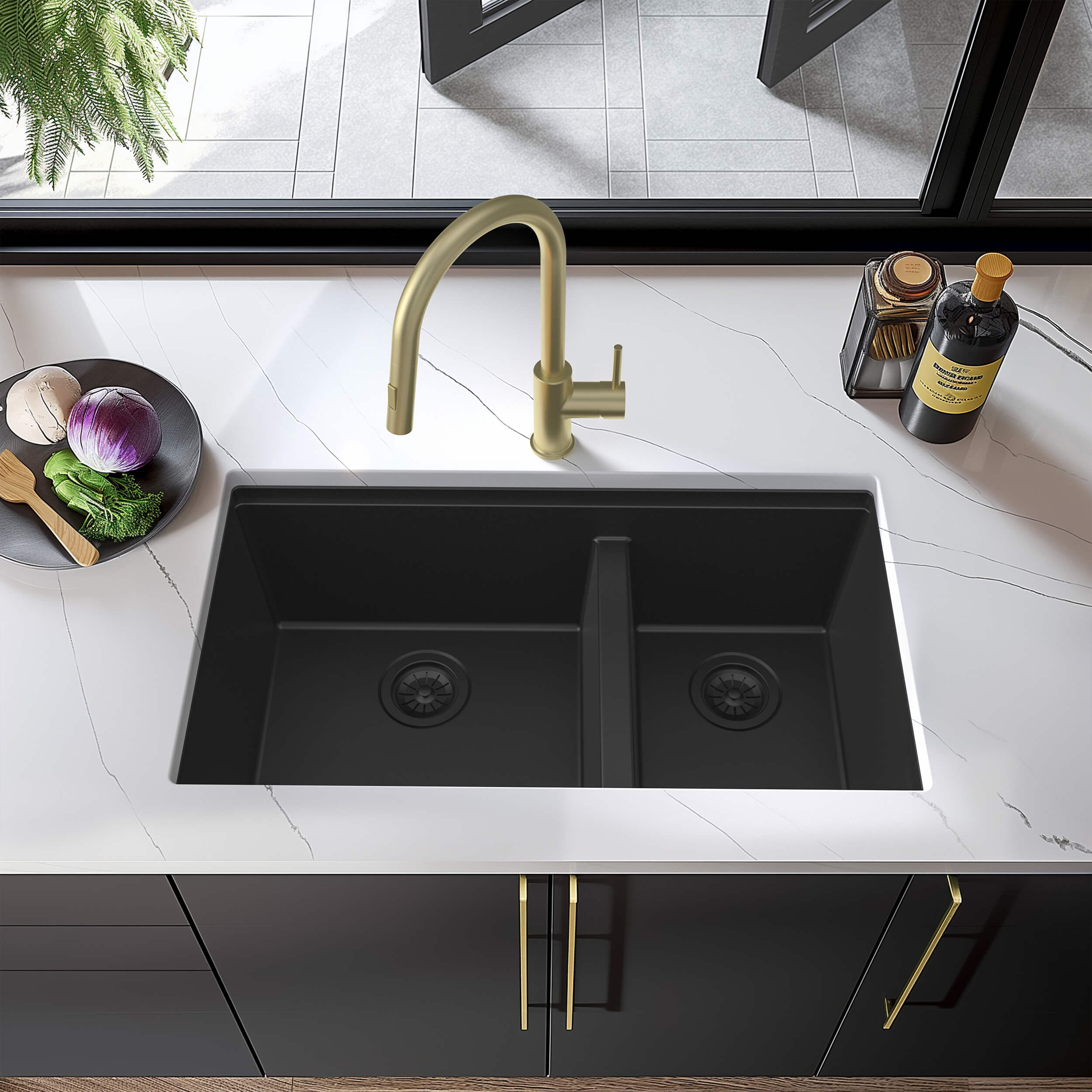 33" Undermount Workstation Double Bowl Quartz Kitchen Sink