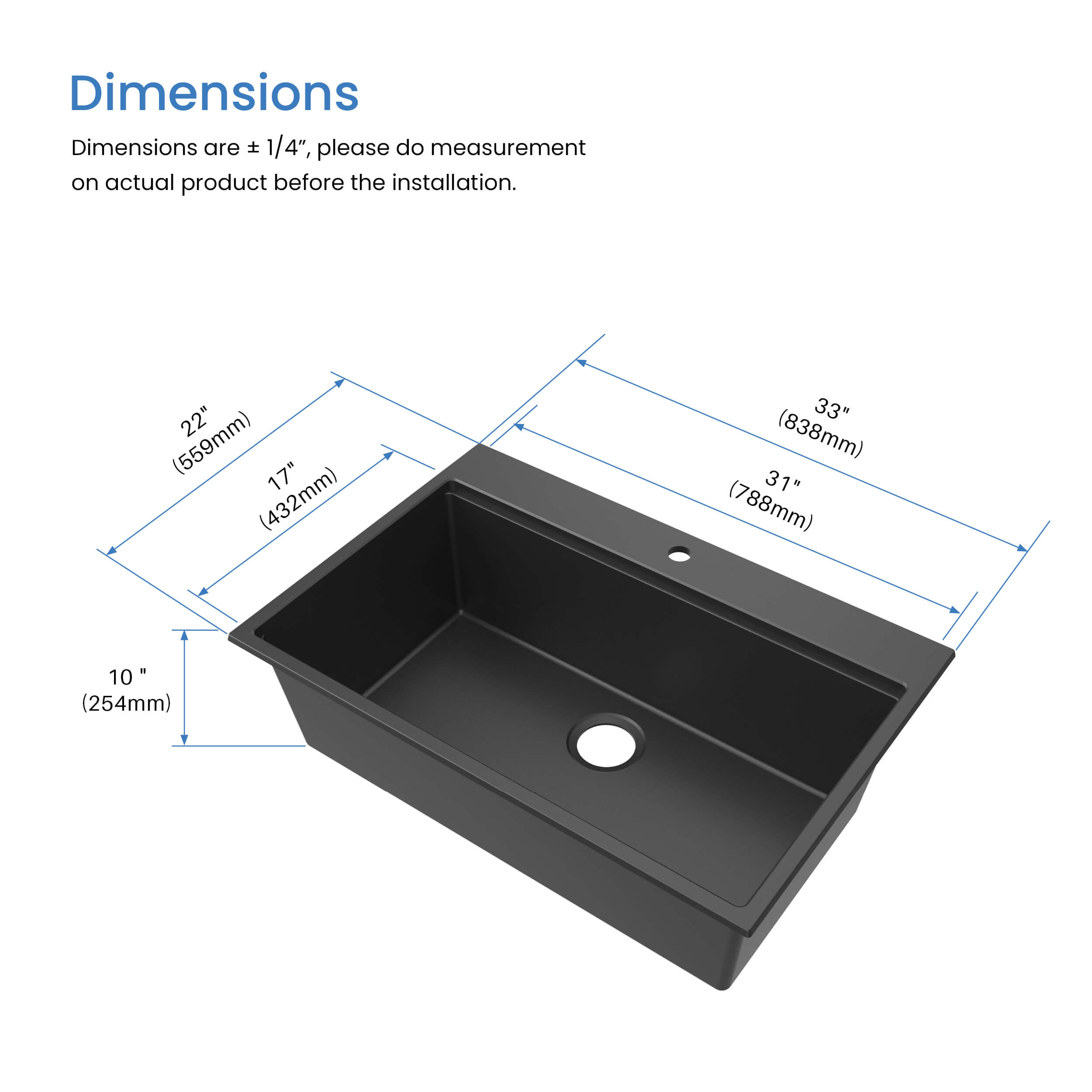 33" Top-Mount Workstation Single Bowl Quartz Kitchen Sink