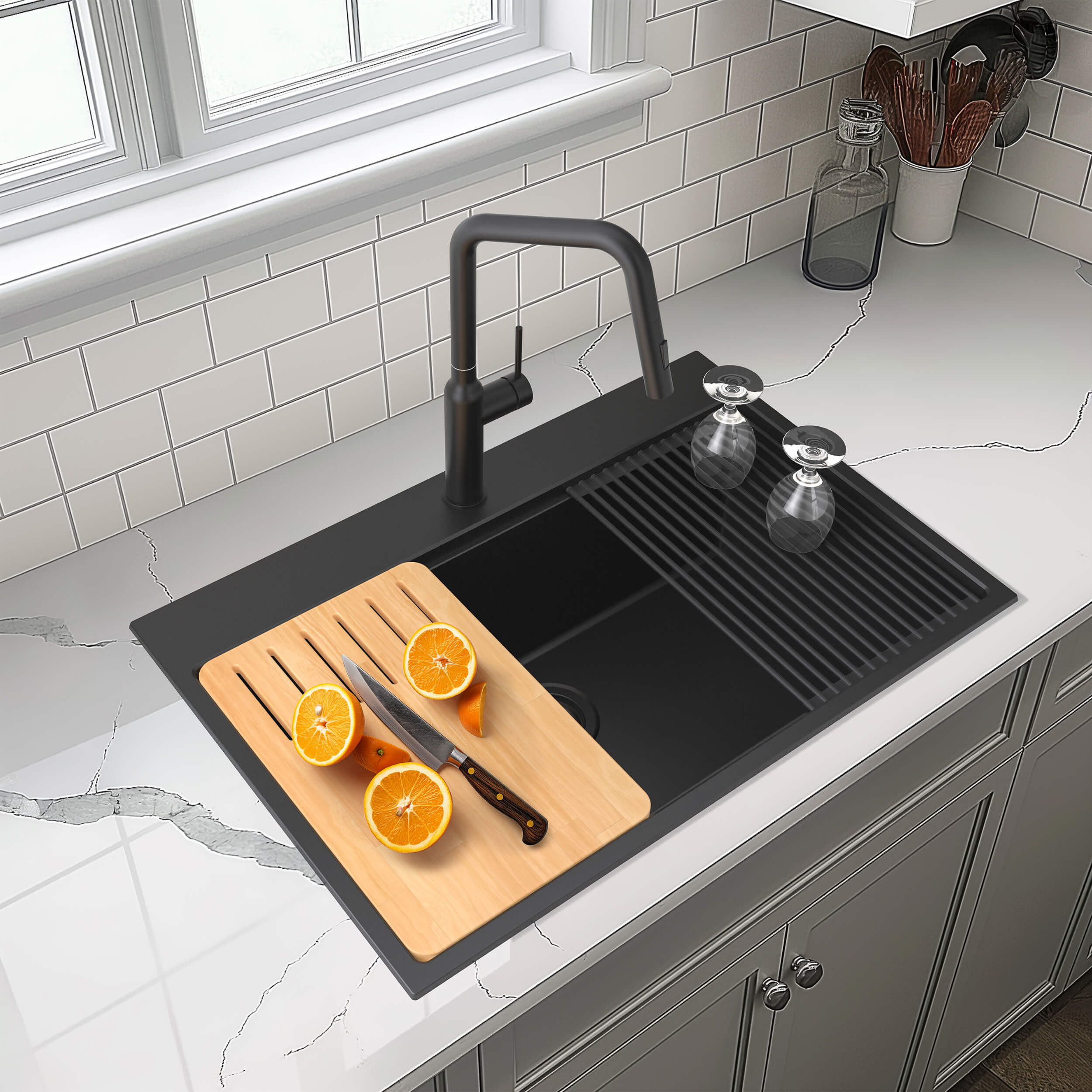 33" Top-Mount Workstation Single Bowl Quartz Kitchen Sink
