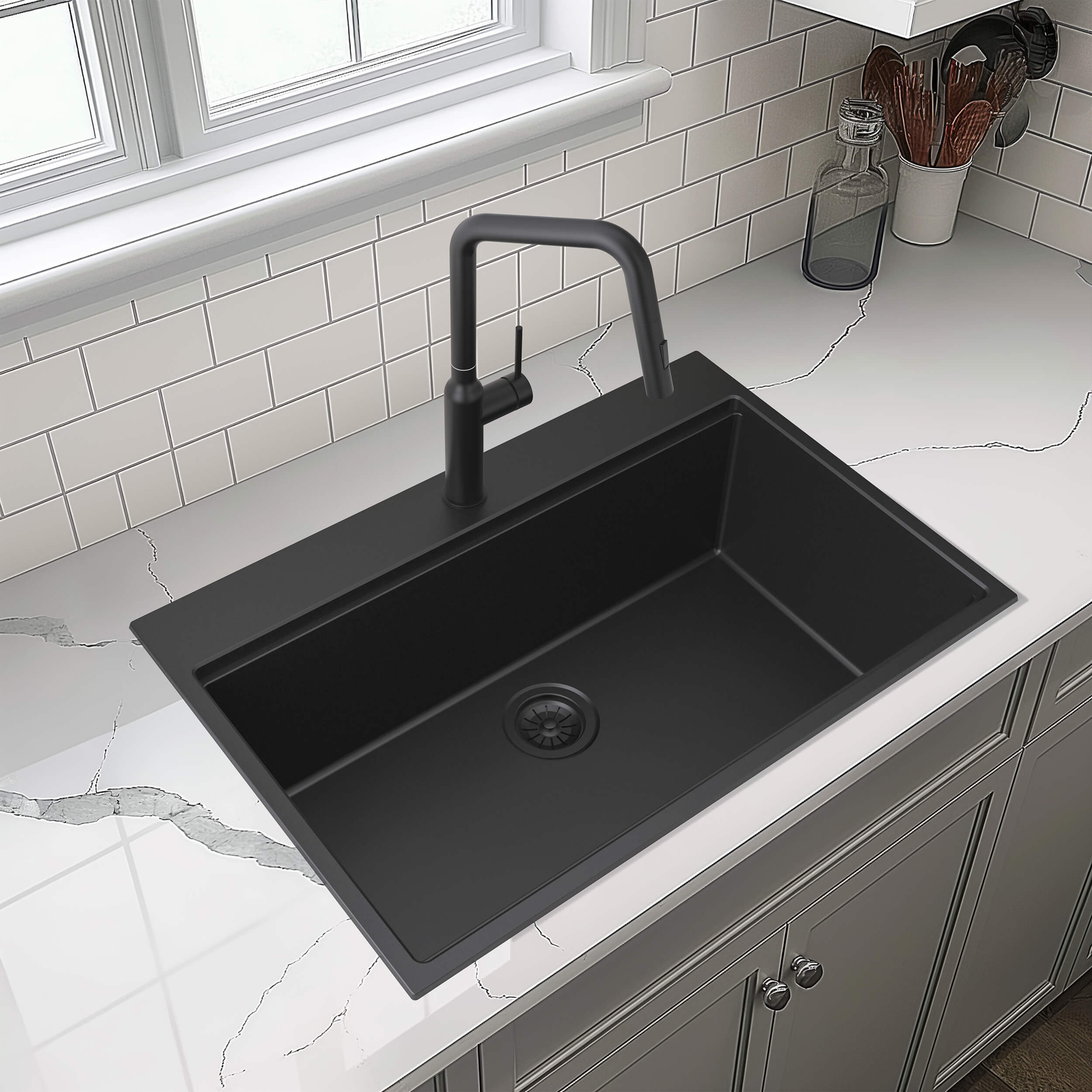 33" Top-Mount Workstation Single Bowl Quartz Kitchen Sink