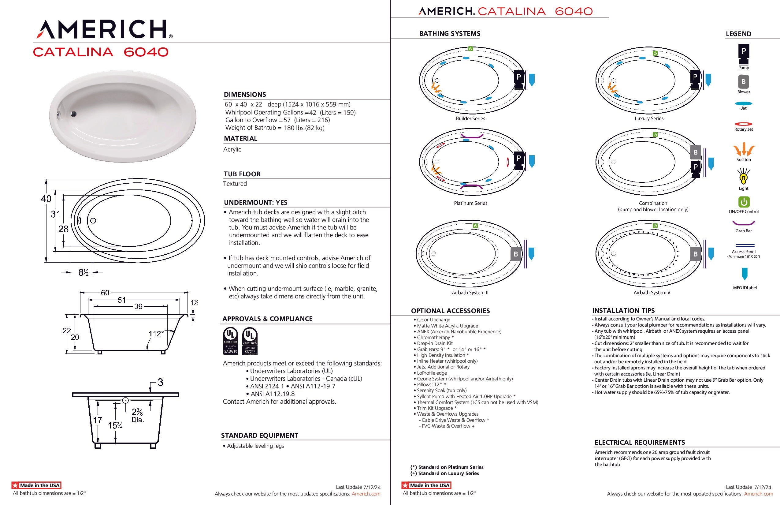 Americh Catalina 6040 - Platinum Series Drop-in Bathtub CA6040P-WH