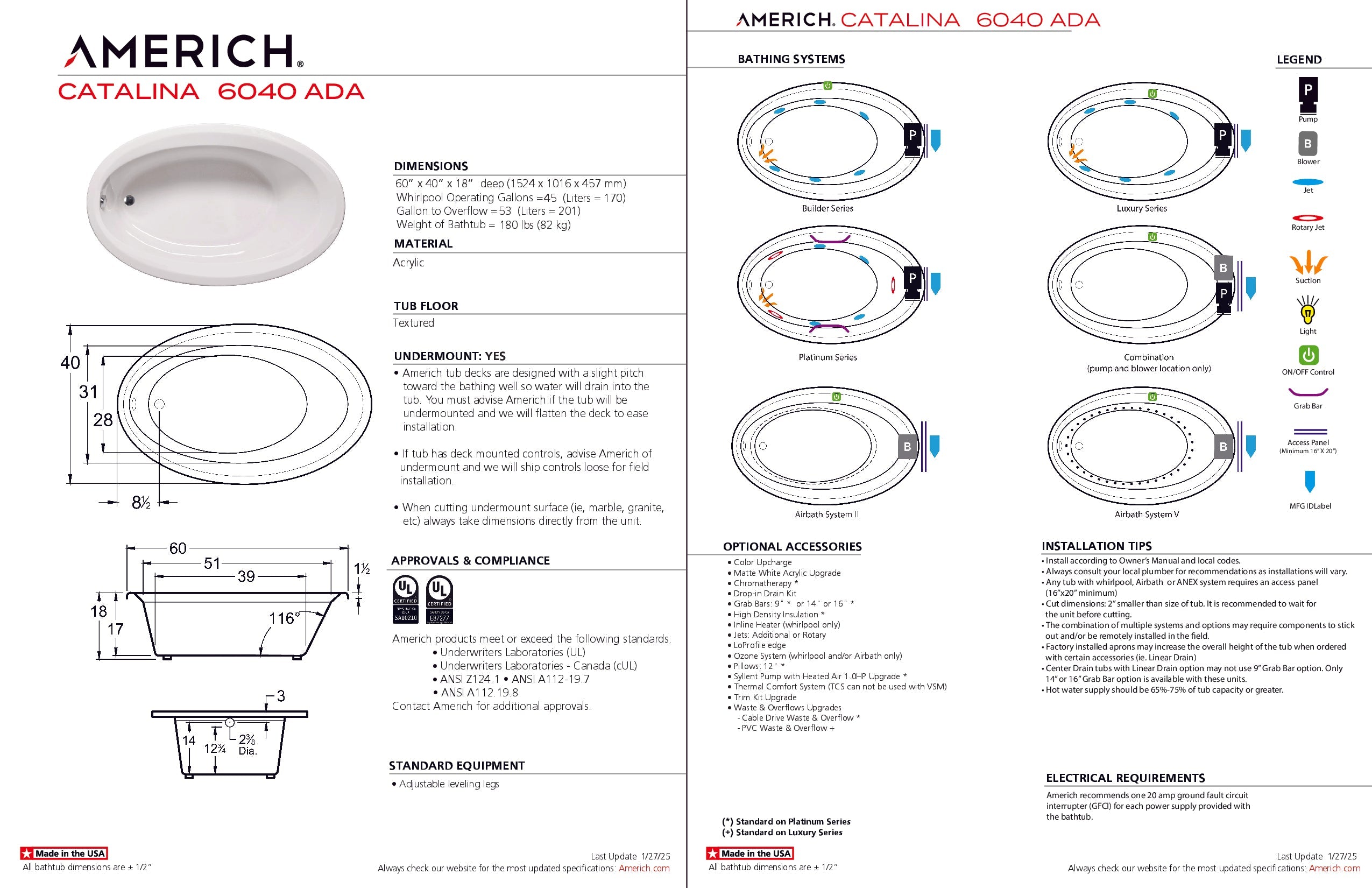 Americh Catalina 6040 ADA - Luxury Series Drop-in Bathtub CA6040ADAL-WH
